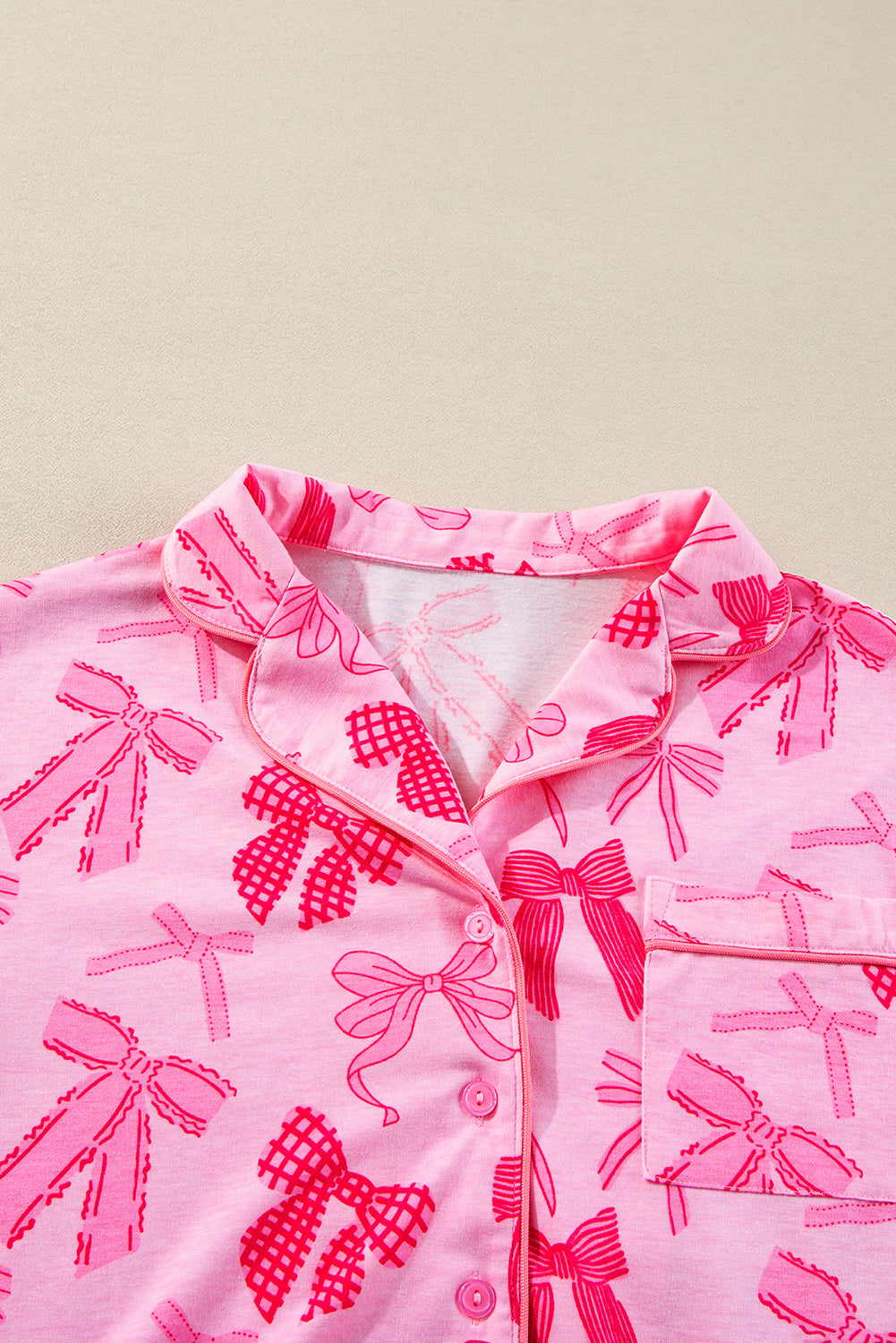 Bow Print Lapel Collar Shirt & Pants Pajama Set – Pink