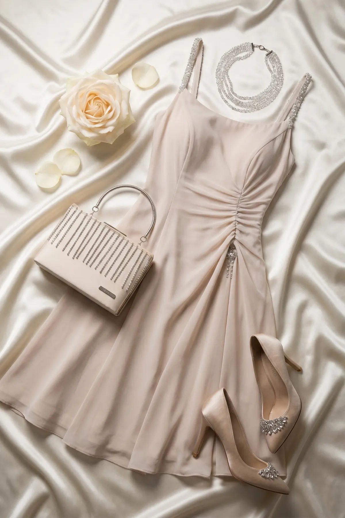 Lesli Crystal-Strap Chiffon Dress – Beige
