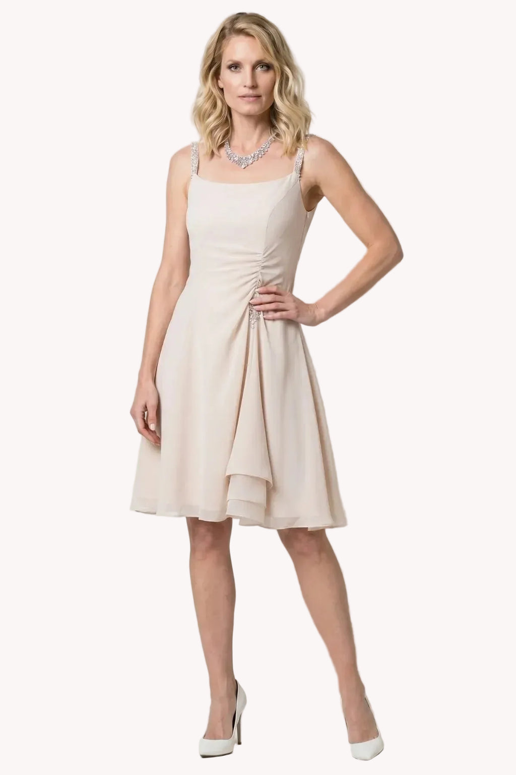 Lesli Crystal-Strap Chiffon Dress – Beige