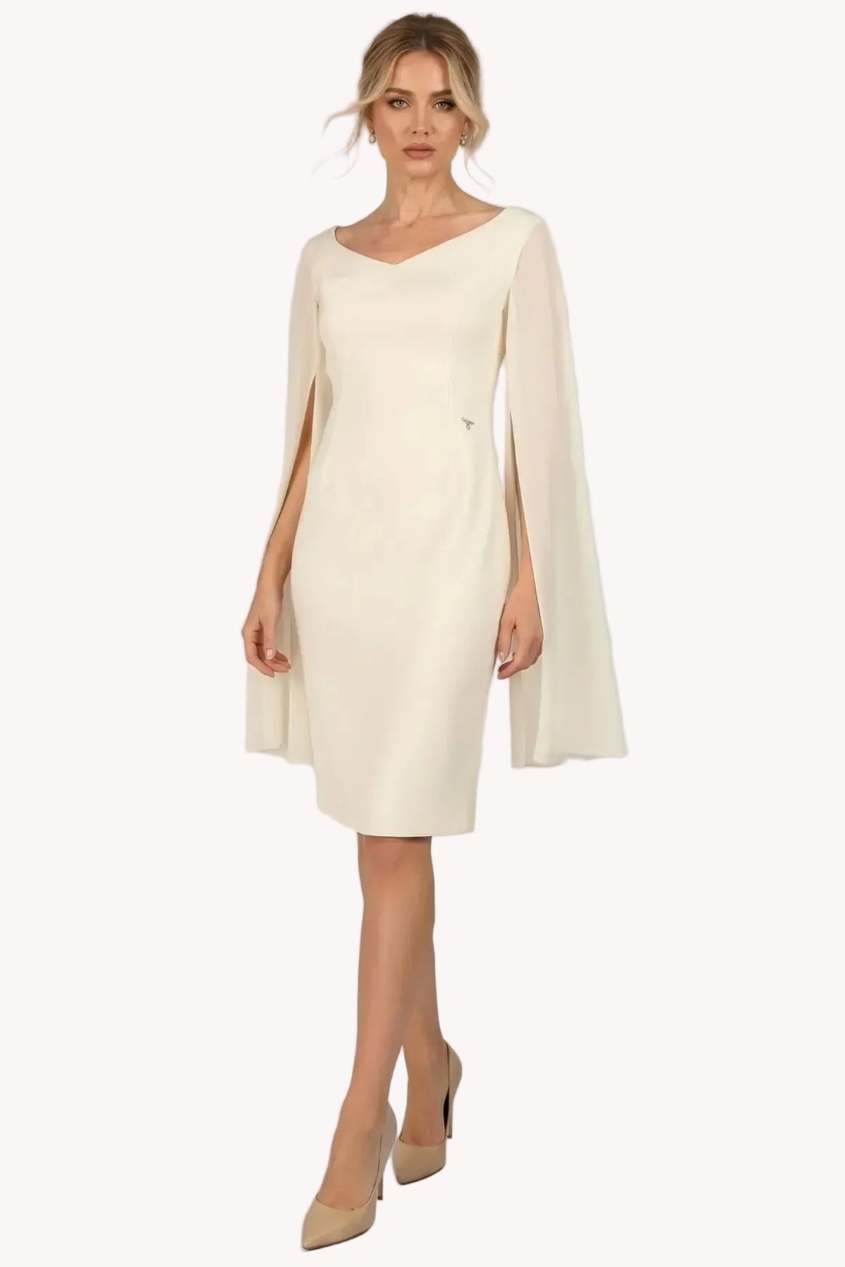 Rebeka Cape-Sleeve Sheath Dress – Ivory