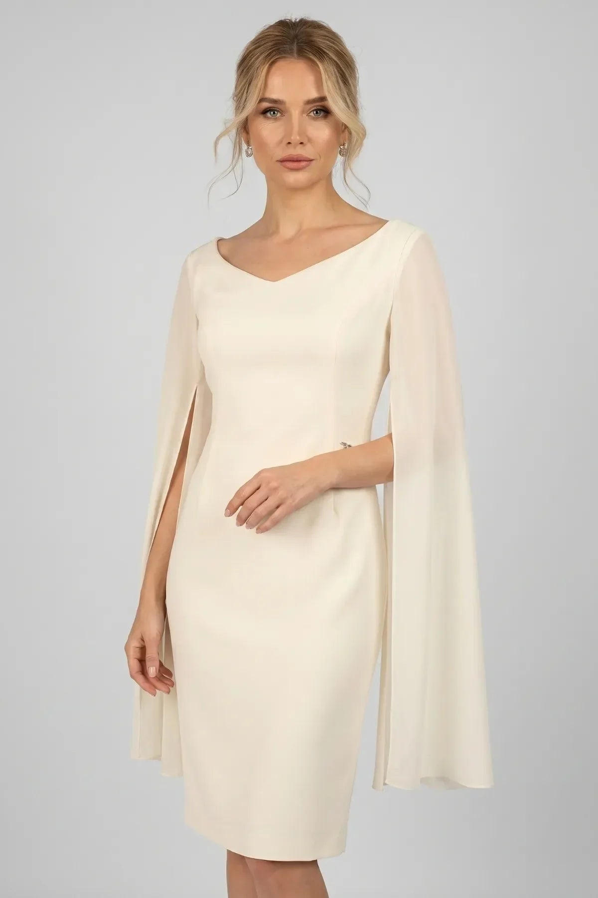 Rebeka Cape-Sleeve Sheath Dress – Ivory