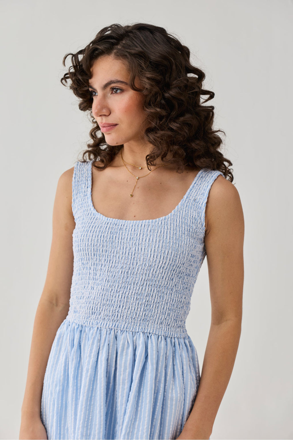 Smocked Fit & Flare Dress – Blue Stripes