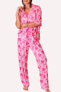 Bow Print Lapel Collar Shirt & Pants Pajama Set – Pink