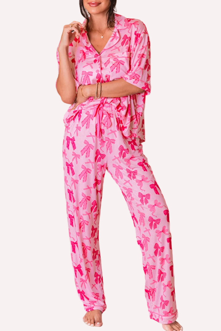 Bow Print Lapel Collar Shirt & Pants Pajama Set – Pink