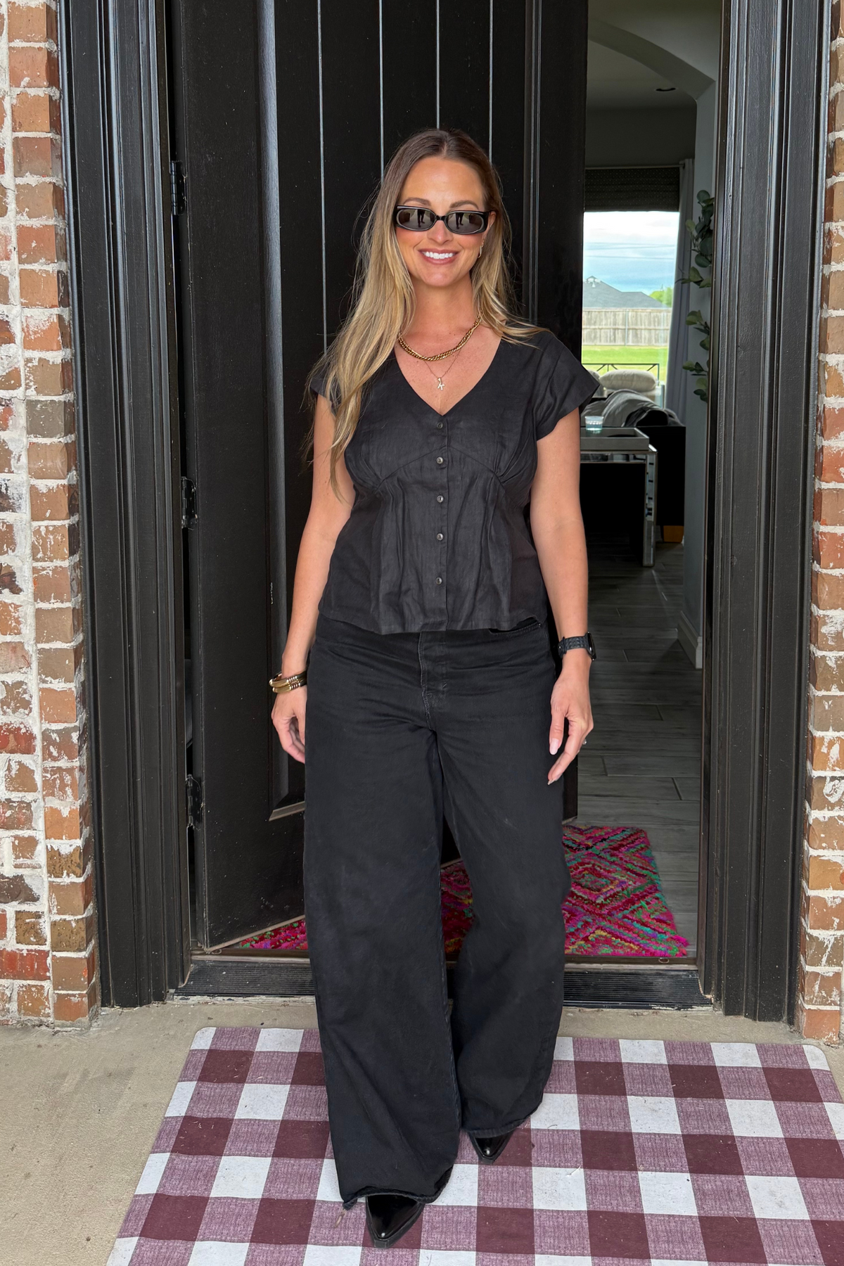 Hemp Deep V-Neck Cap Sleeve Top – Black