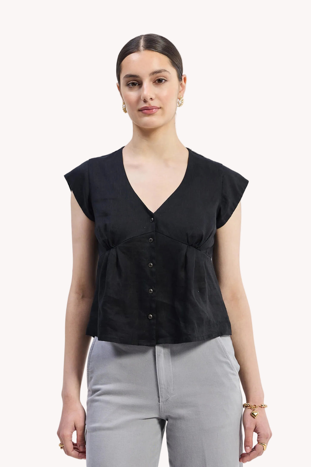 Hemp Deep V-Neck Cap Sleeve Top – Black