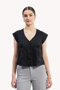 Hemp Deep V-Neck Cap Sleeve Top – Black