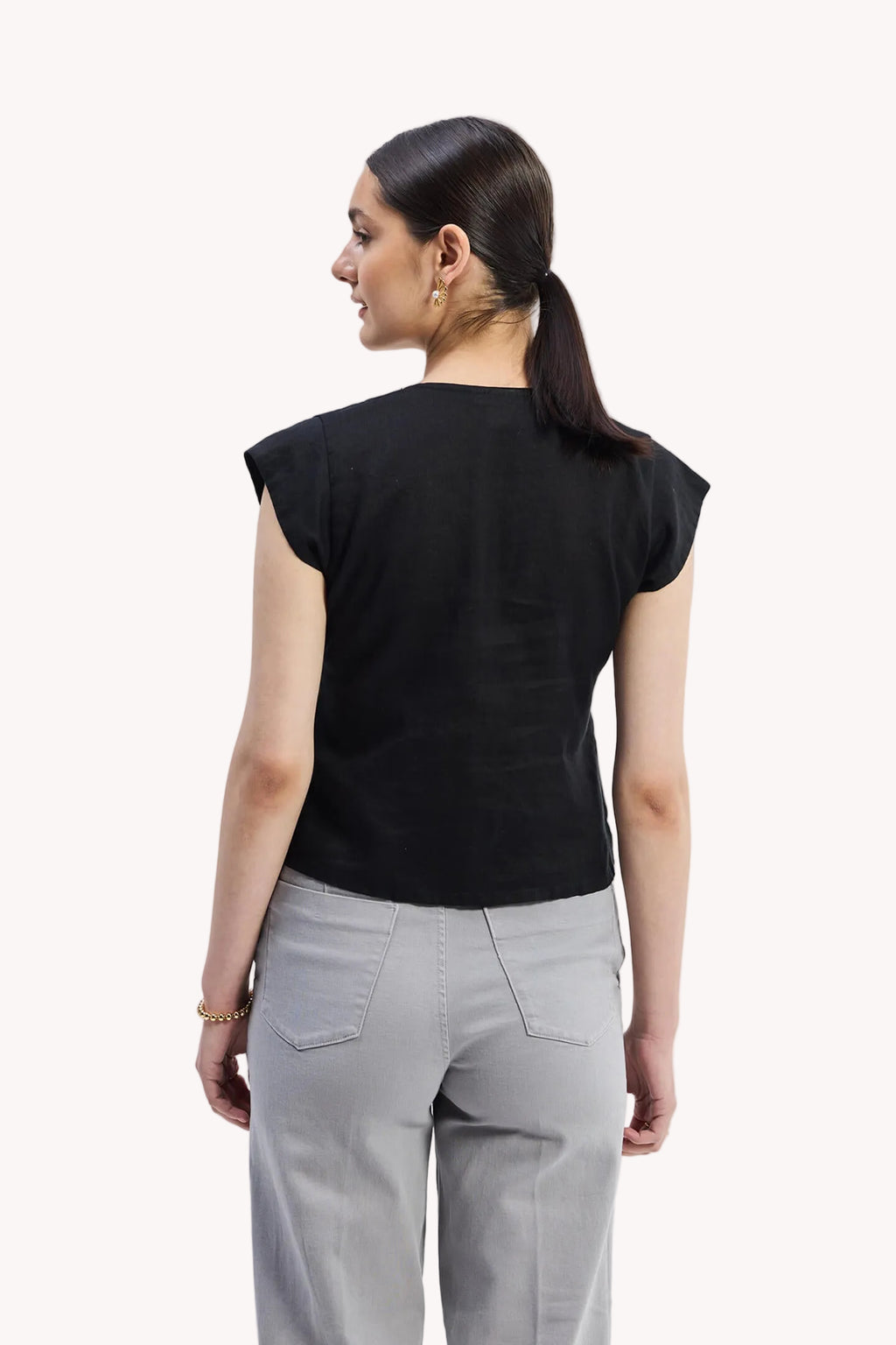 Hemp Deep V-Neck Cap Sleeve Top – Black