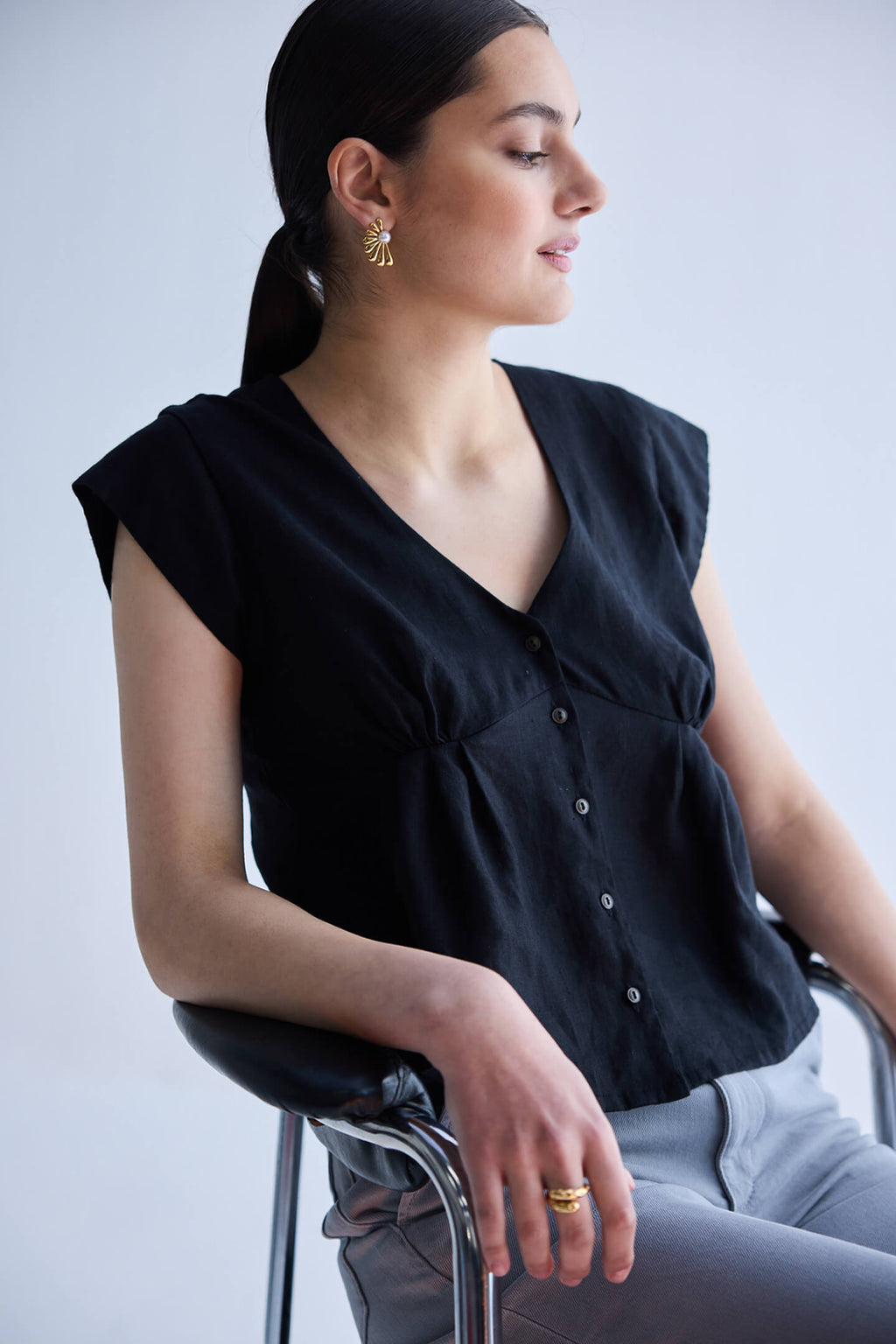 Hemp Deep V-Neck Cap Sleeve Top – Black