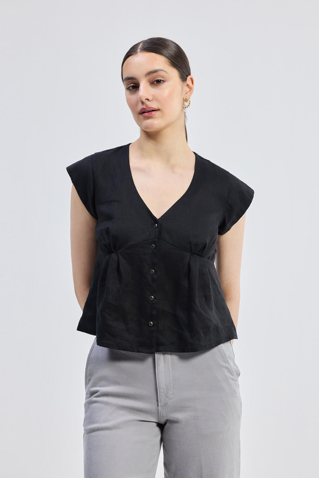Hemp Deep V-Neck Cap Sleeve Top – Black