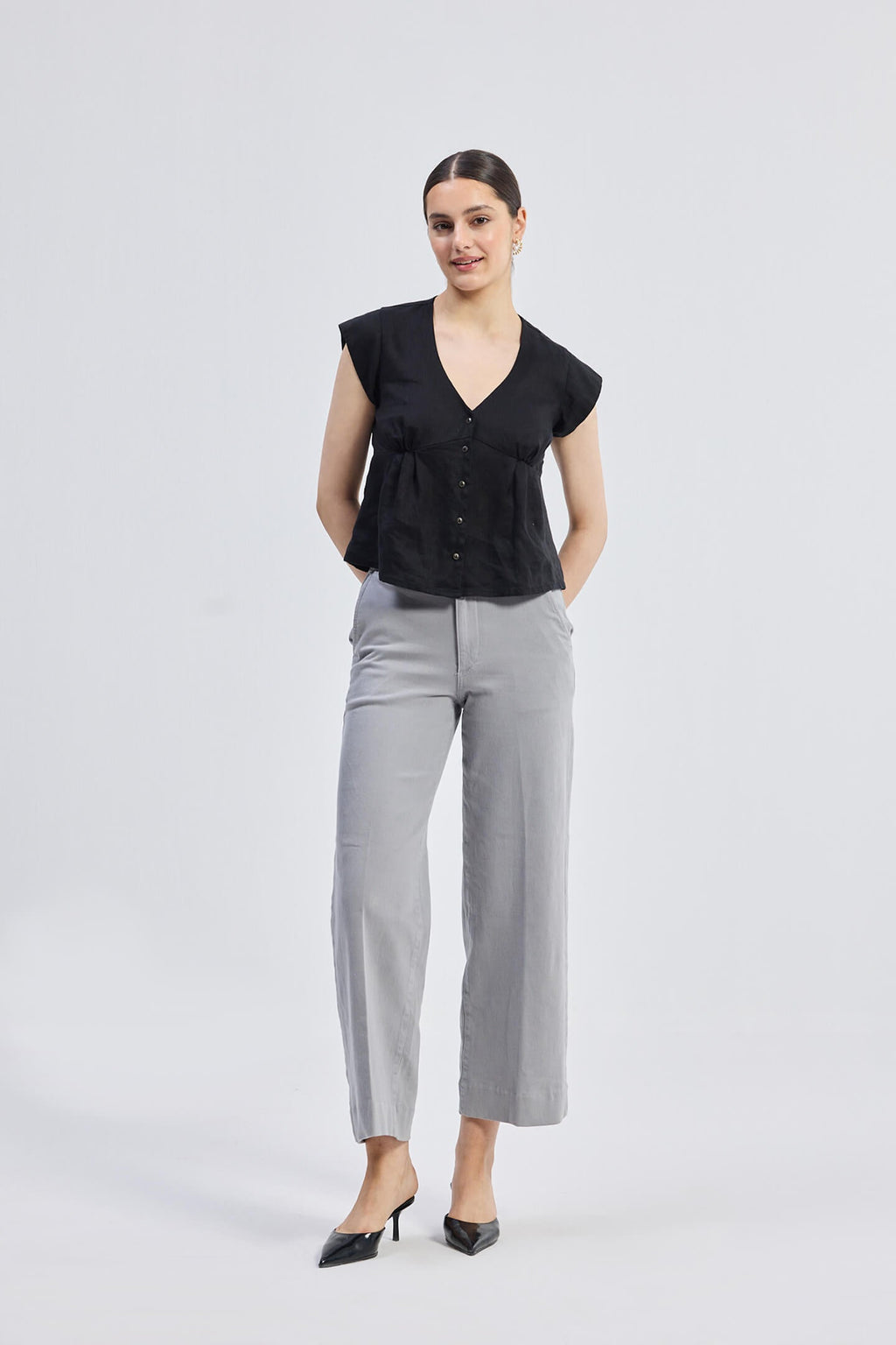Hemp Deep V-Neck Cap Sleeve Top – Black