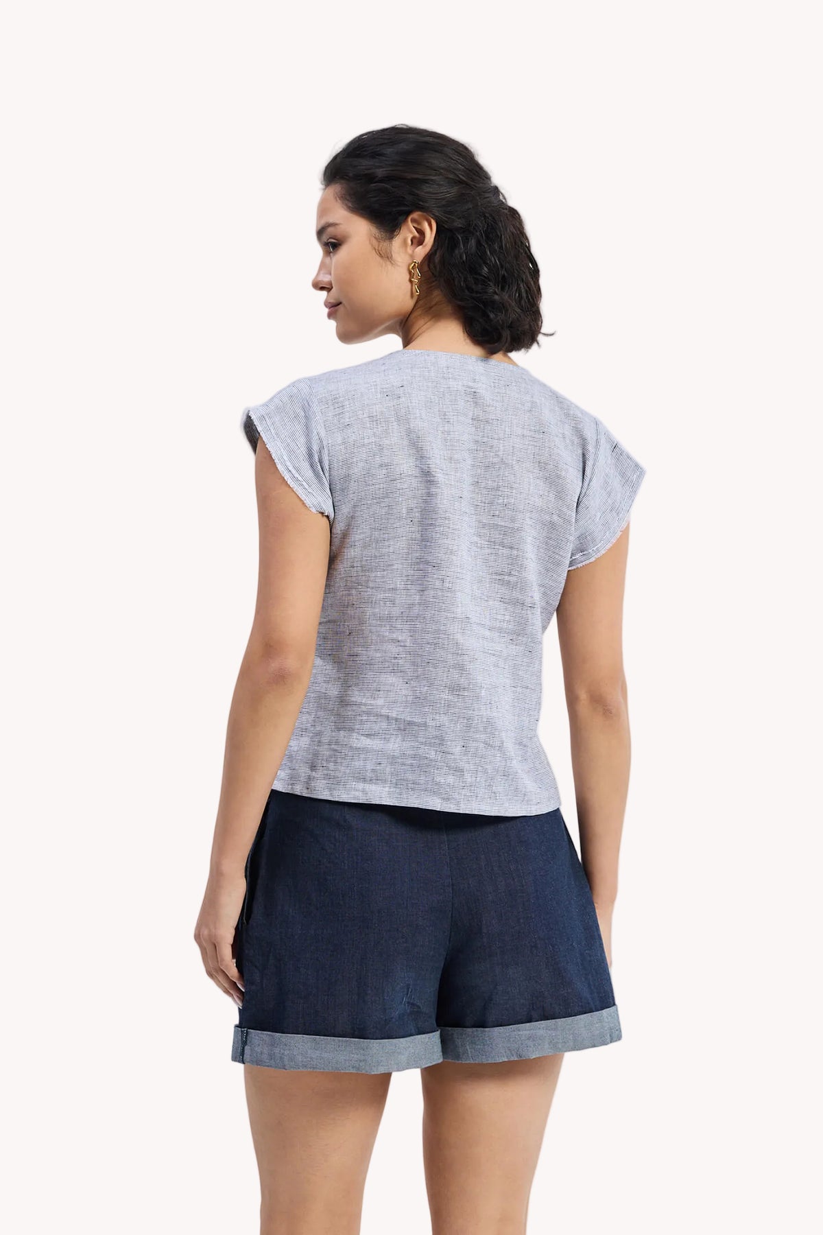 Linen Deep V-Neck Cap Sleeve Top – Stripes