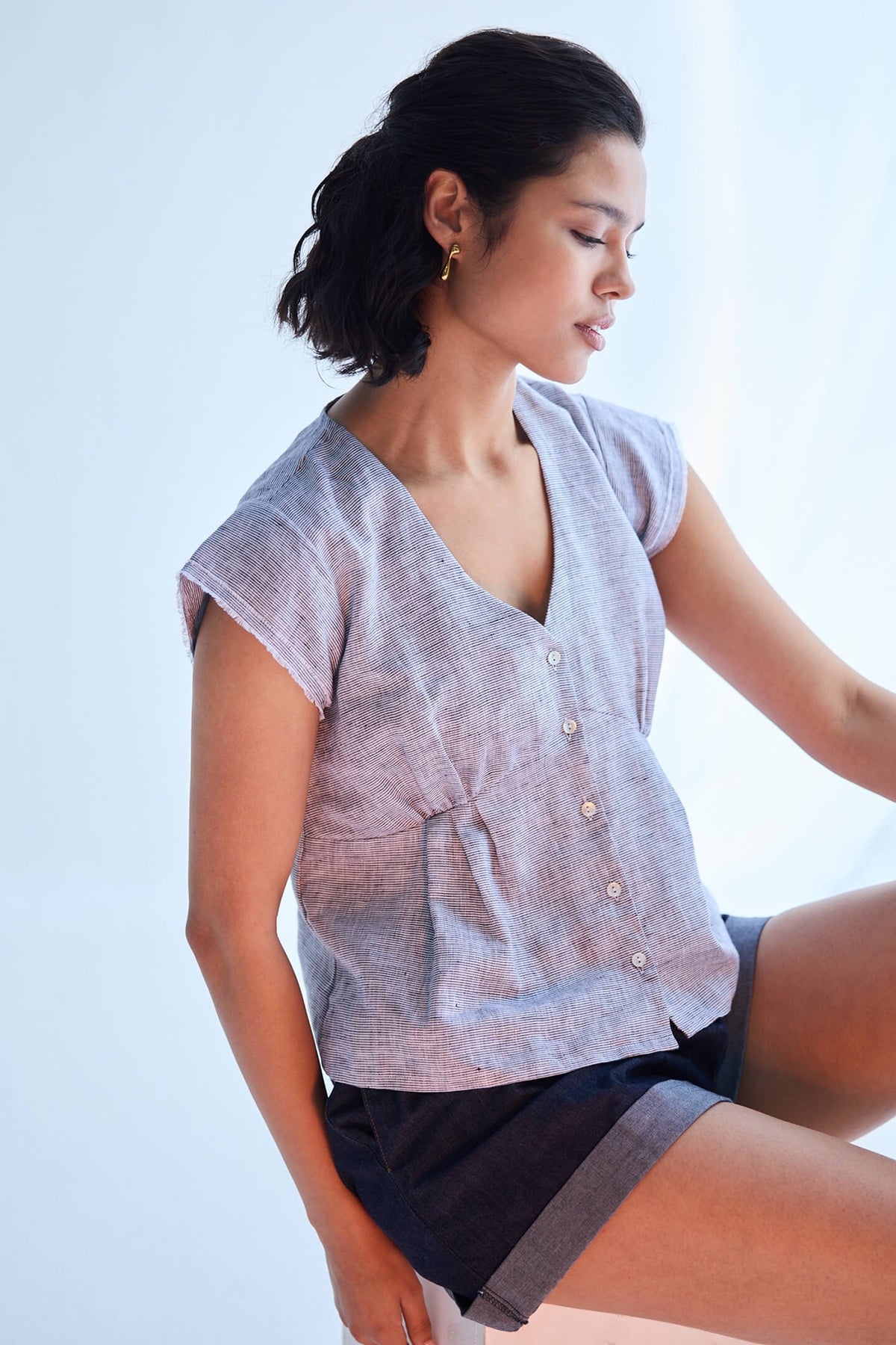 Linen Deep V-Neck Cap Sleeve Top – Stripes