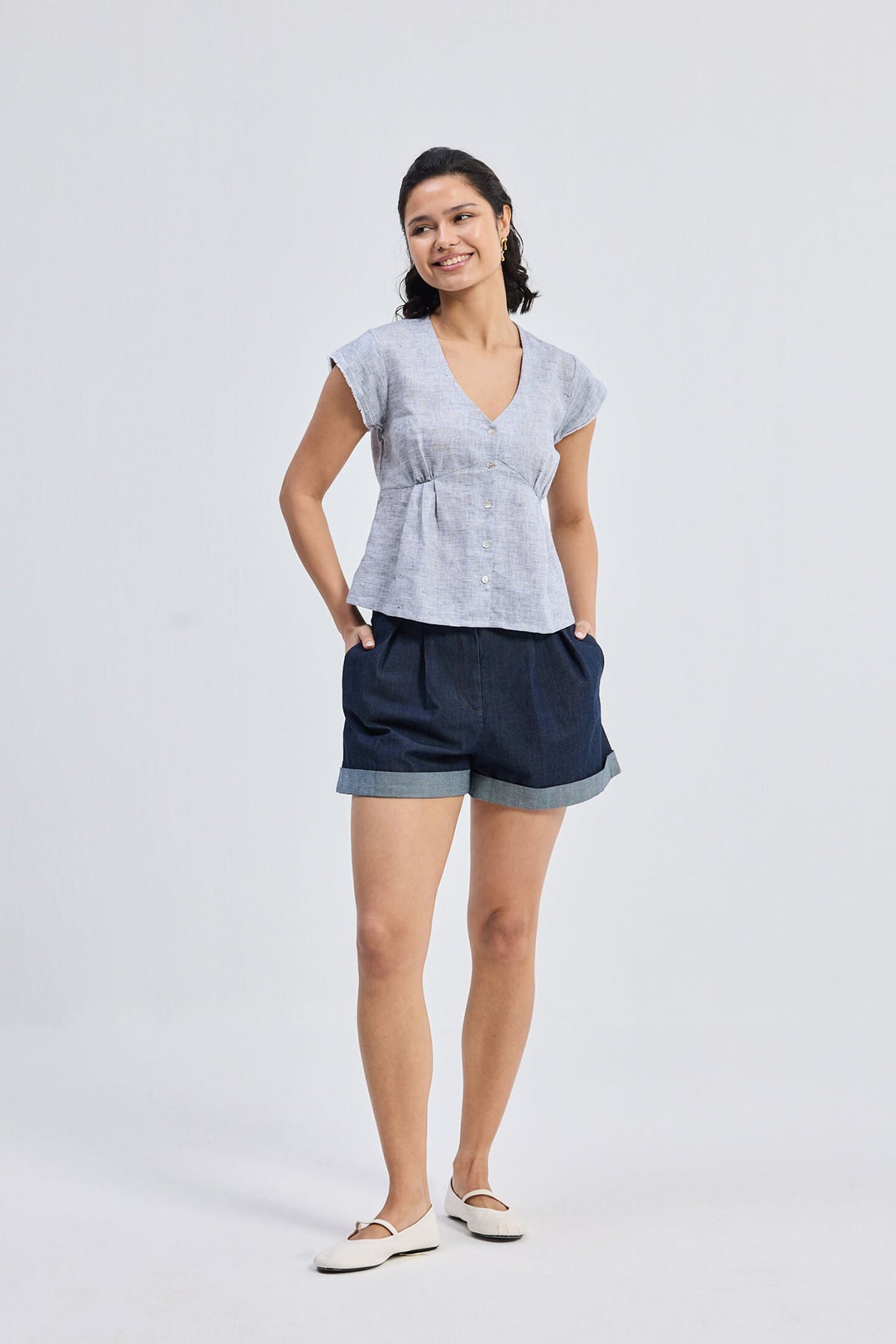 Linen Deep V-Neck Cap Sleeve Top – Stripes