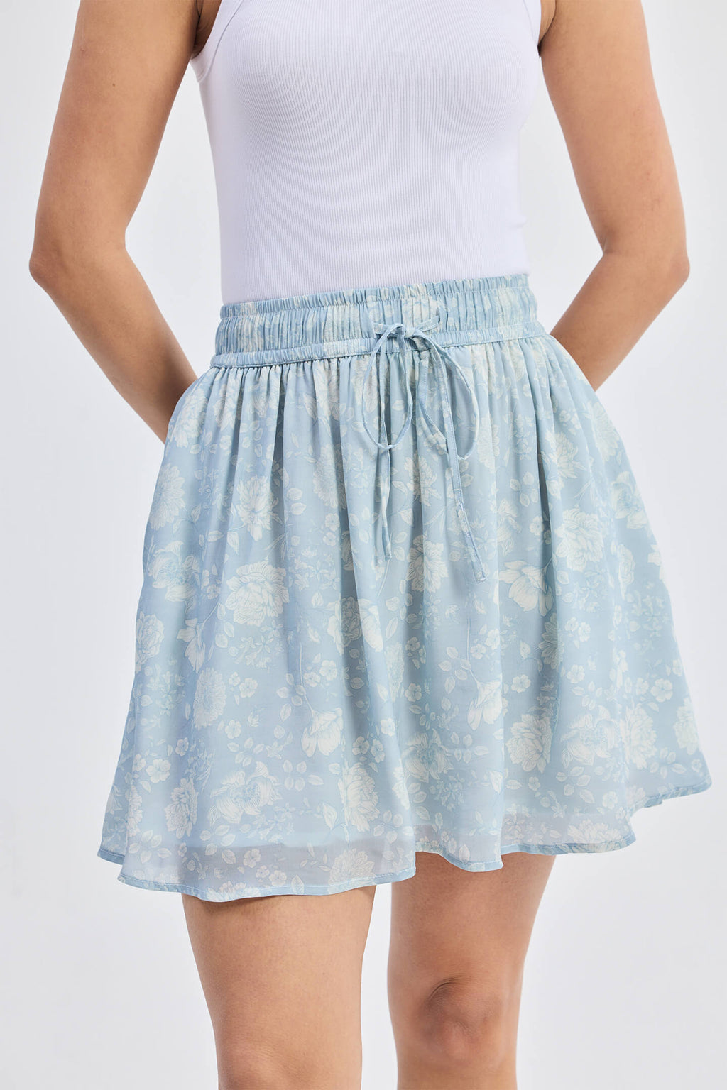 Drawstring Mini Skirt – Blue Floral