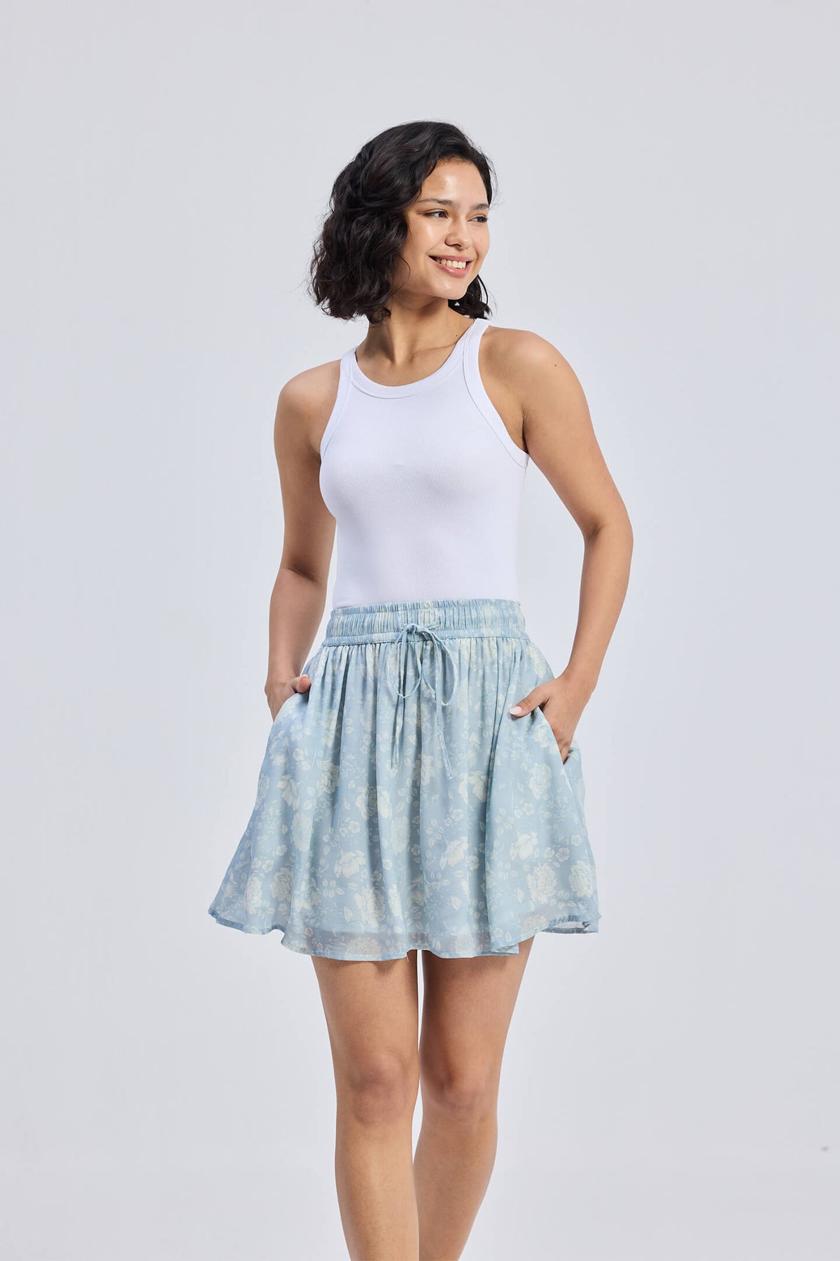 Drawstring Mini Skirt – Blue Floral
