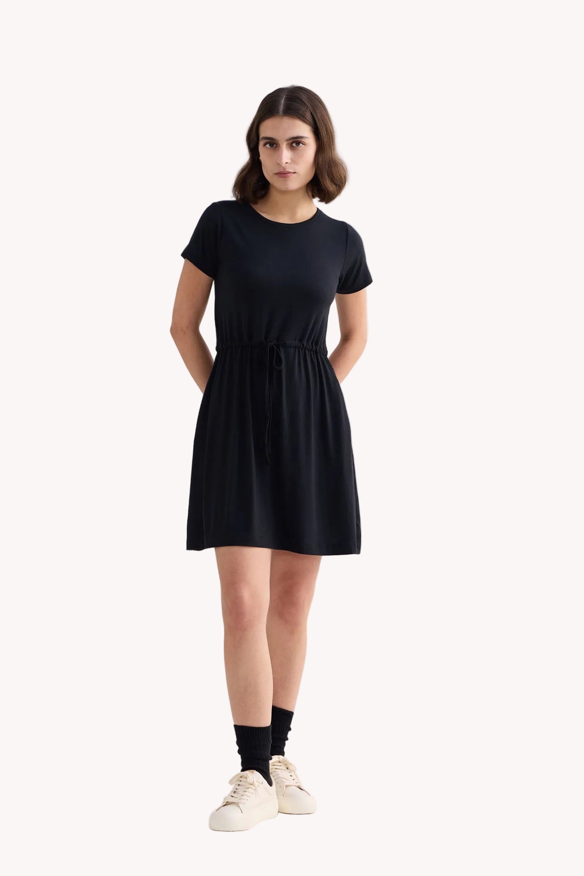 Drawstring Modal T-Shirt Dress – Black
