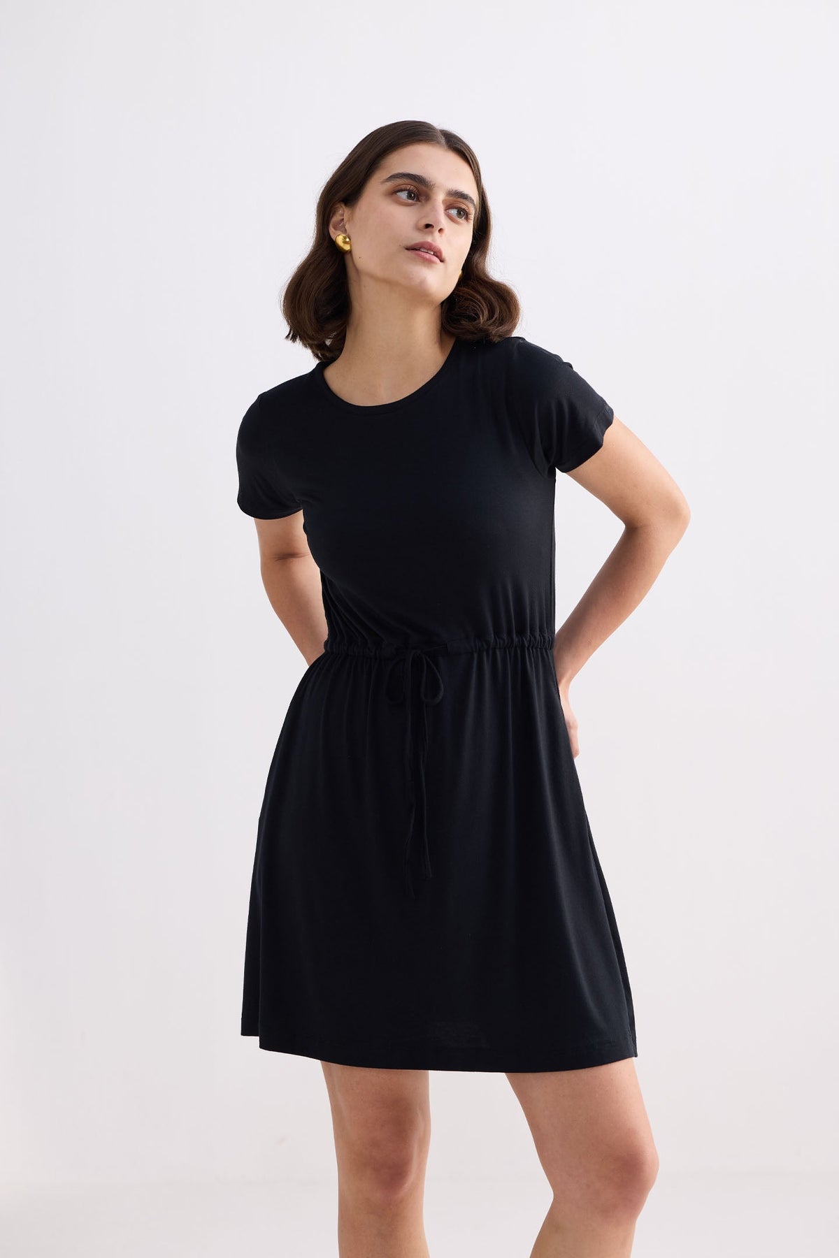 Drawstring Modal T-Shirt Dress – Black