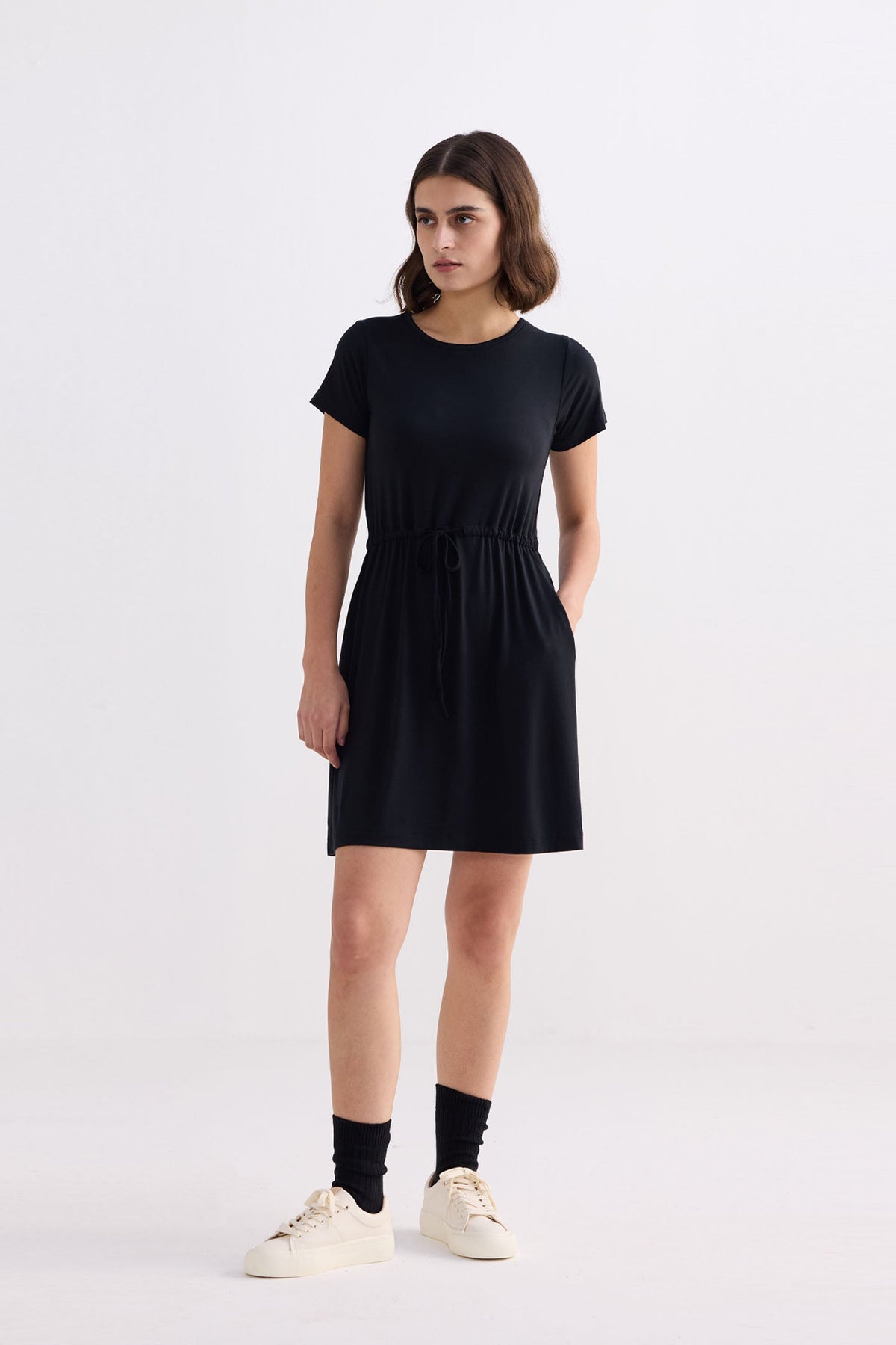 Drawstring Modal T-Shirt Dress – Black