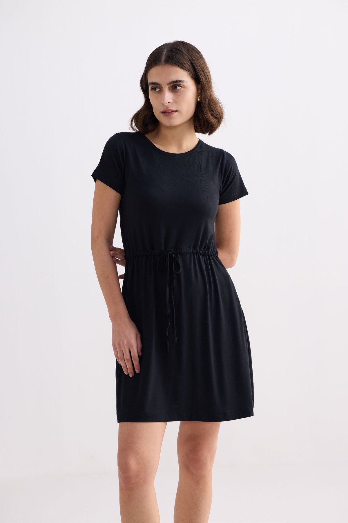 Drawstring Modal T-Shirt Dress – Black