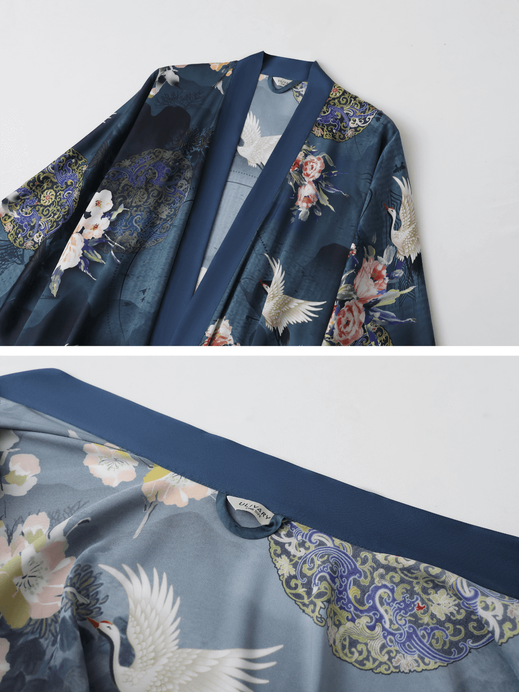 Crane & Blossom Print Short Kimono Robe
