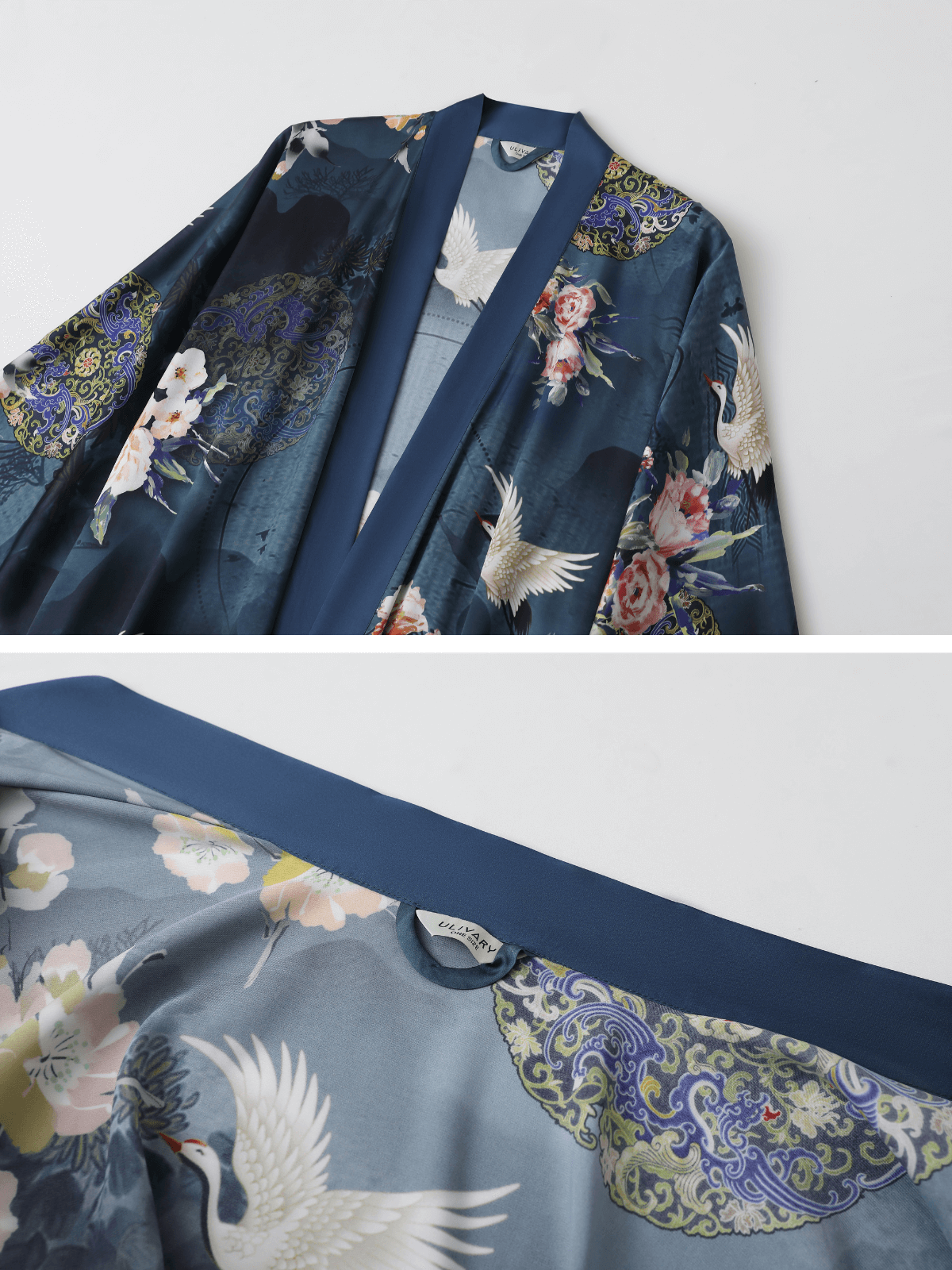 Crane & Blossom Print Short Kimono Robe