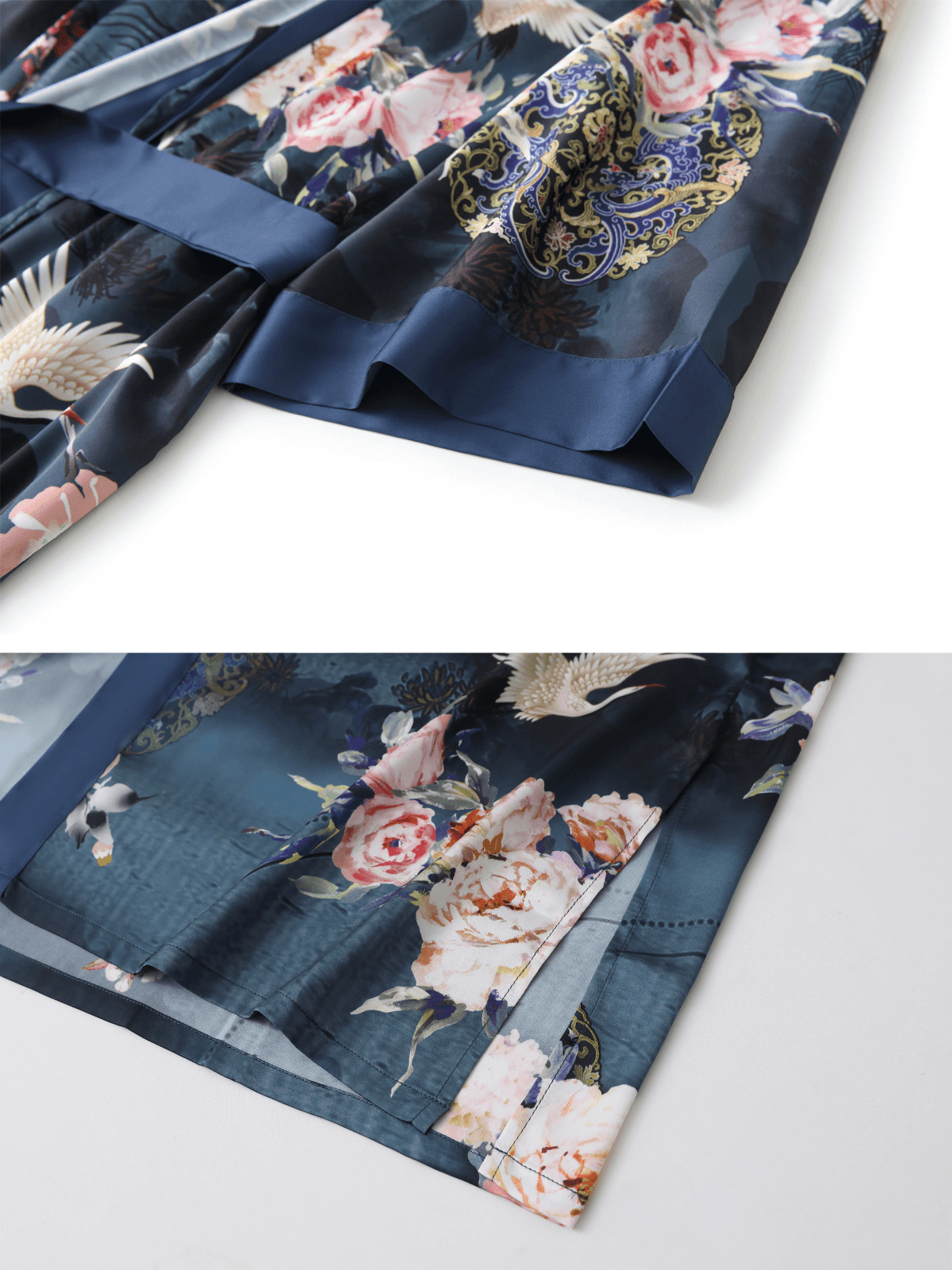 Crane & Blossom Print Short Kimono Robe