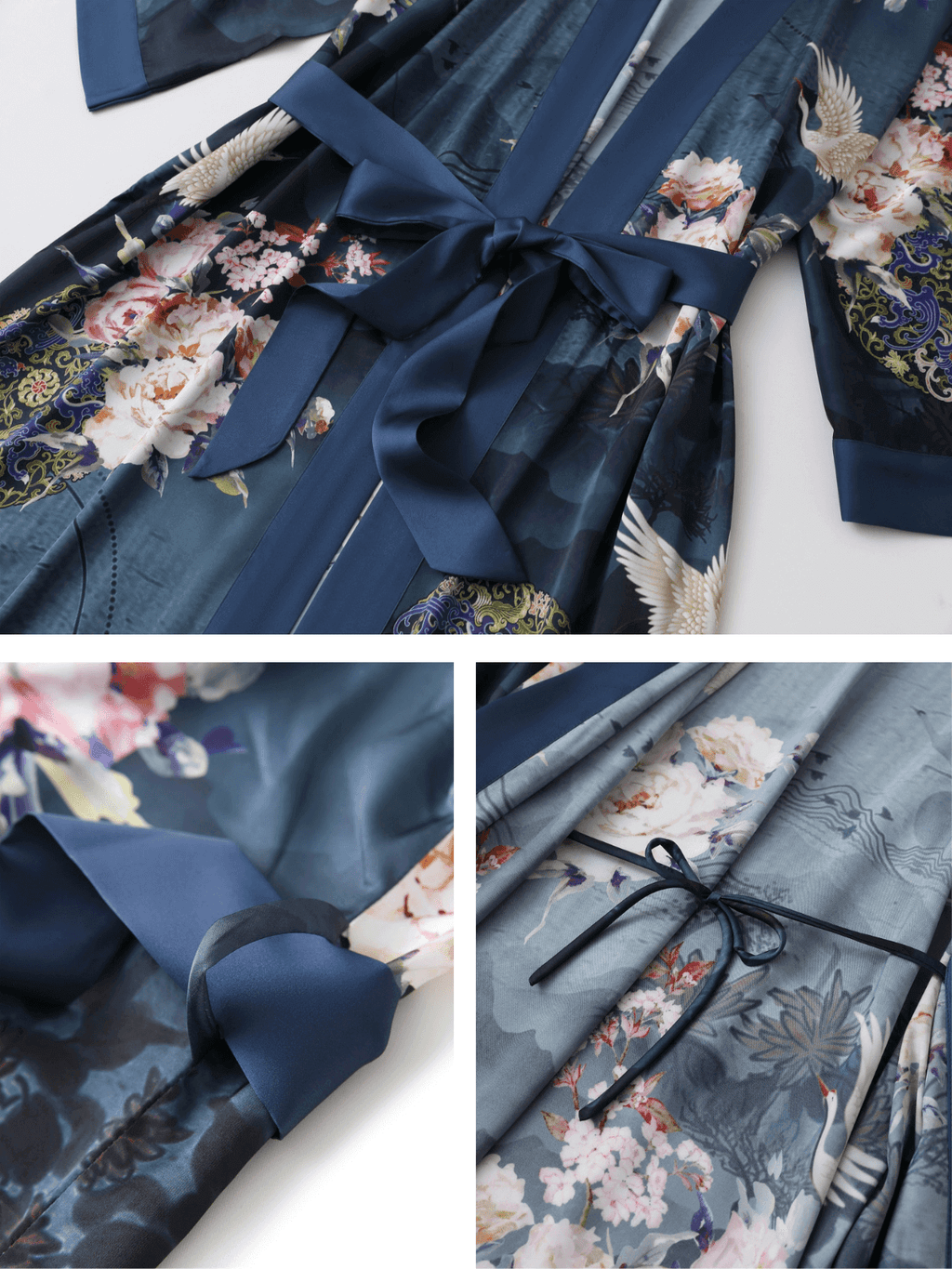 Crane & Blossom Print Short Kimono Robe