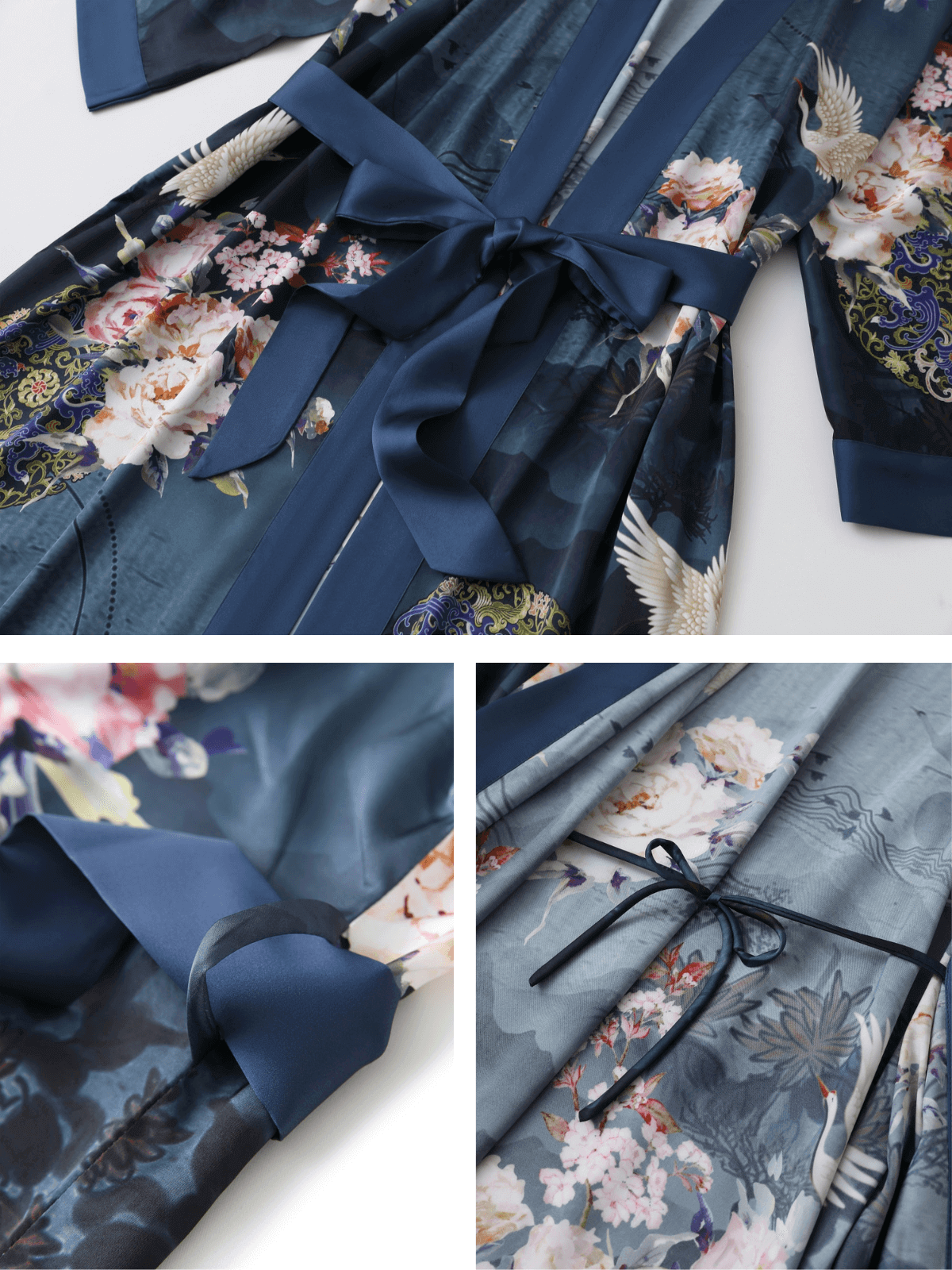 Crane & Blossom Print Short Kimono Robe