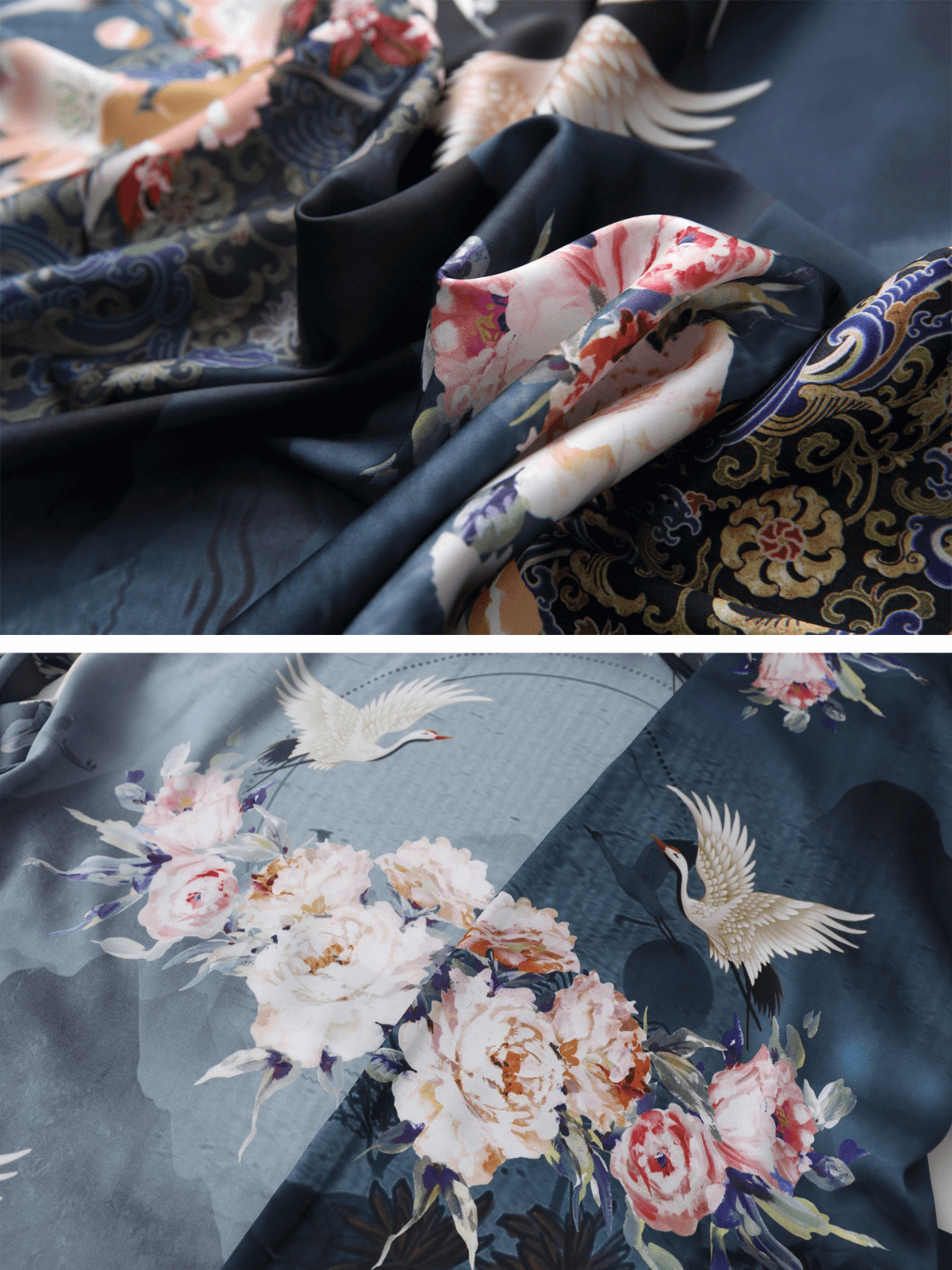 Crane & Blossom Print Short Kimono Robe