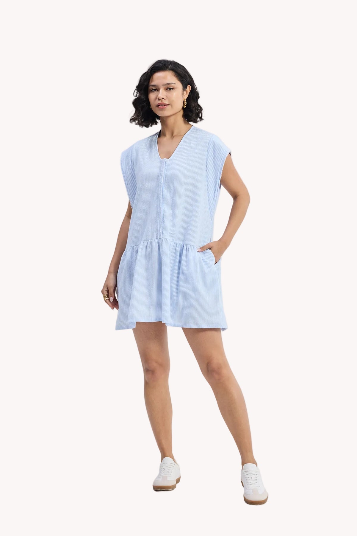 Oversized V-Neck Frayed-Sleeve Dress – Blue Stripe