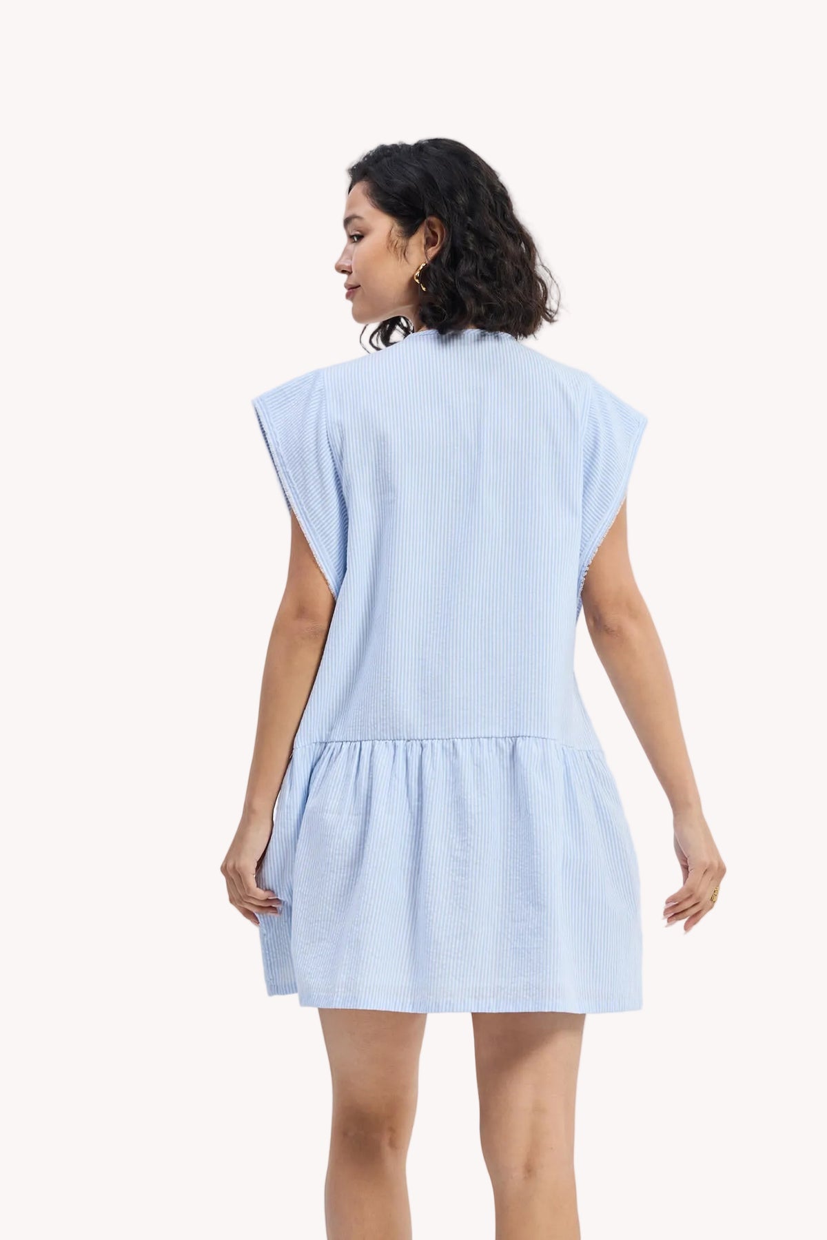 Oversized V-Neck Frayed-Sleeve Dress – Blue Stripe
