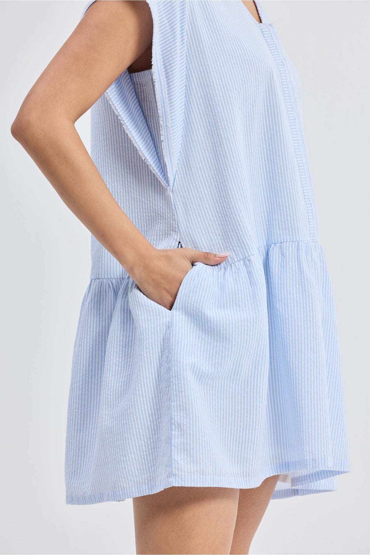 Oversized V-Neck Frayed-Sleeve Dress – Blue Stripe