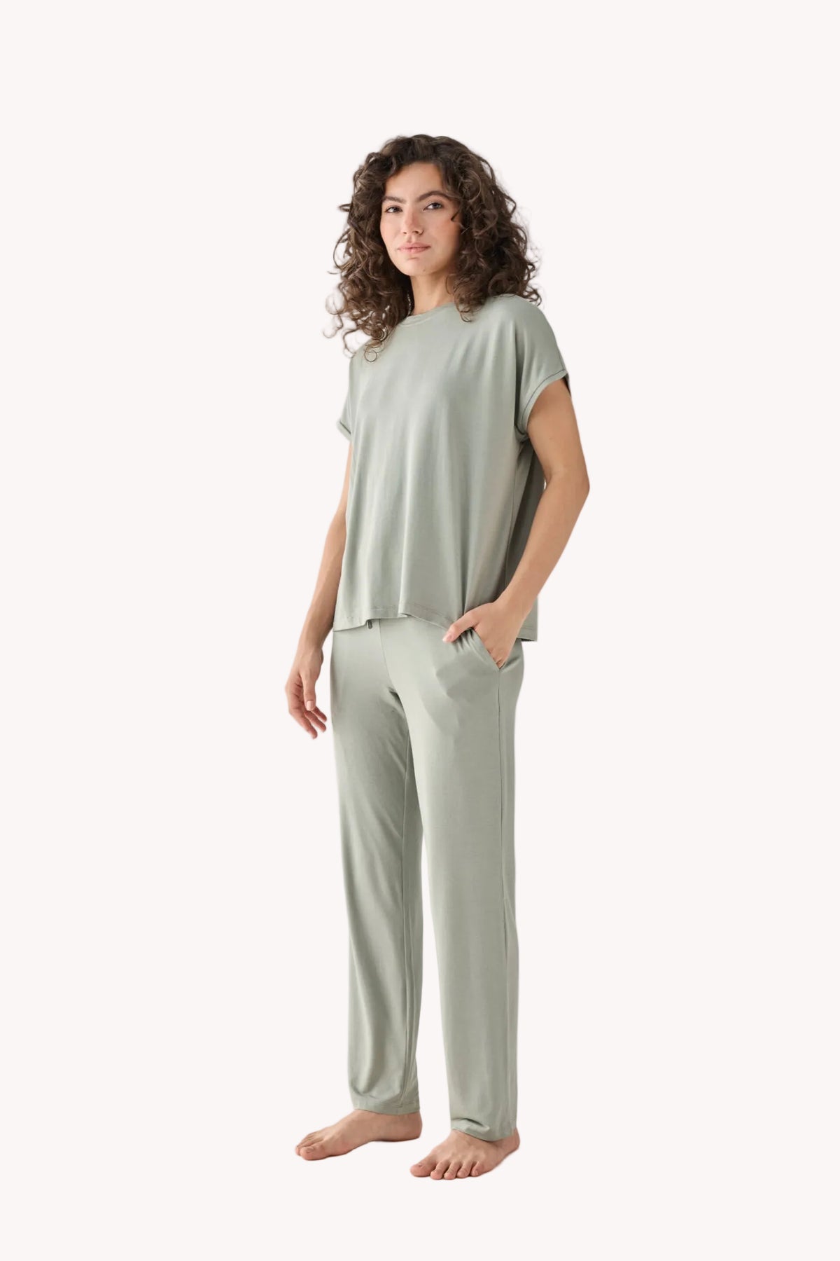 Relaxed Modal Tee & Wide-Leg Pants Set – Olive