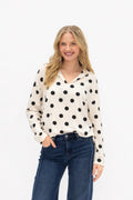 Collared V-Neck Pullover – Black Polka Dot