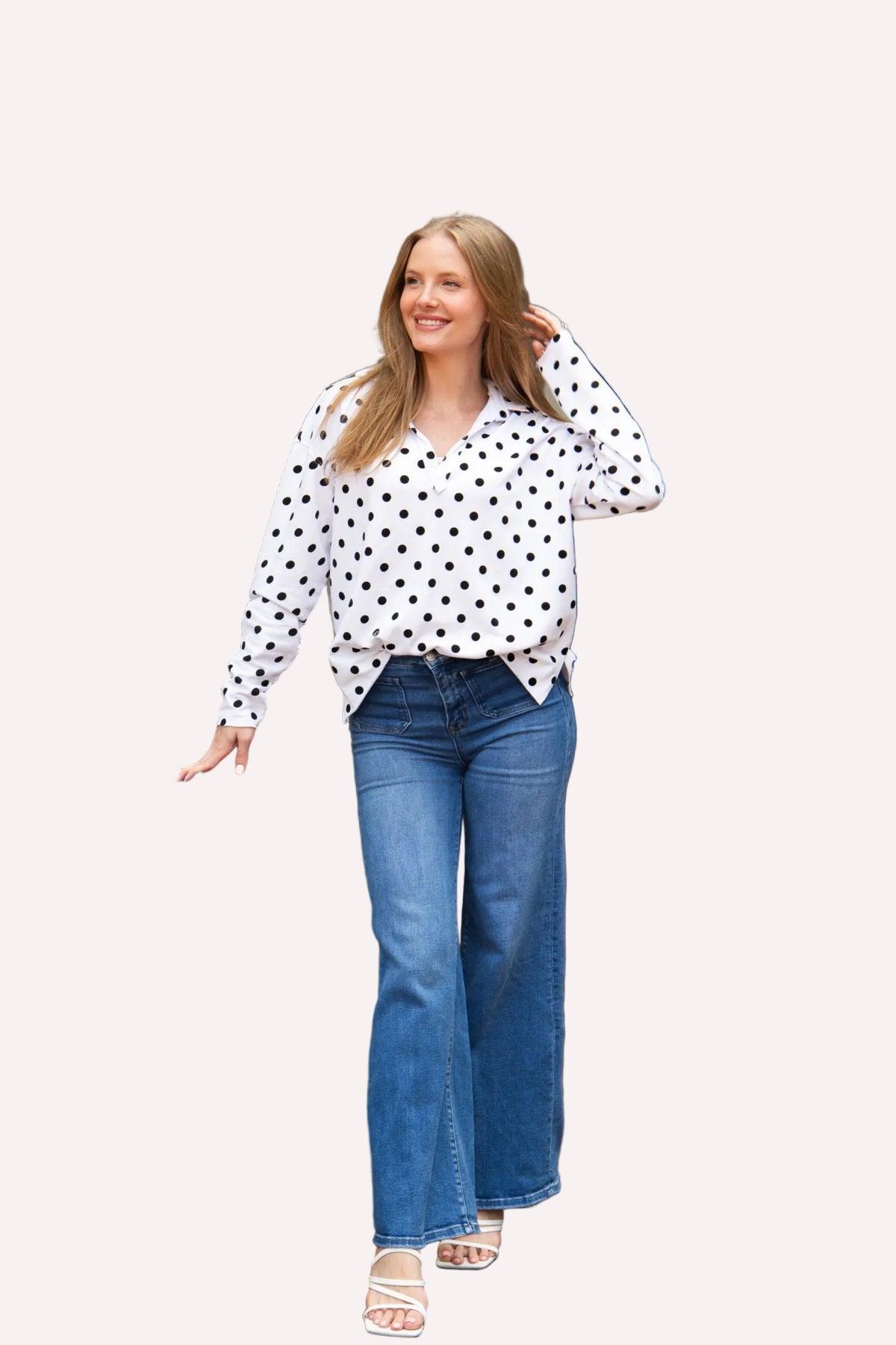 Collared V-Neck Pullover – Black Polka Dot