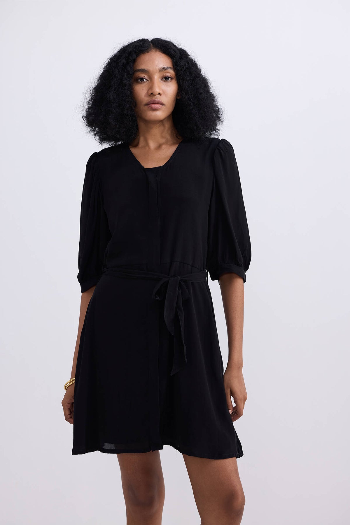 Belted Crepe Shirt Dress – Black