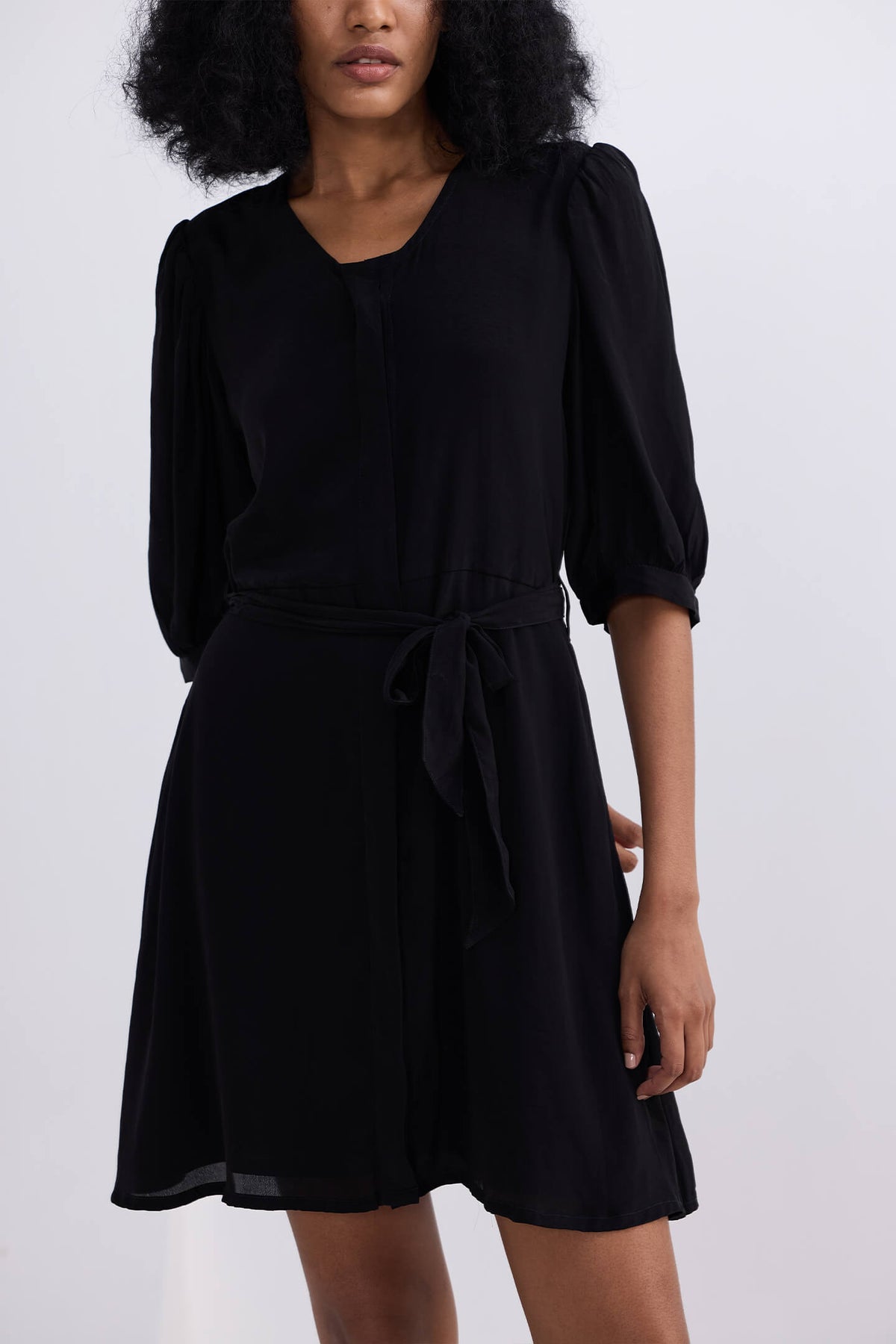 Belted Crepe Shirt Dress – Black