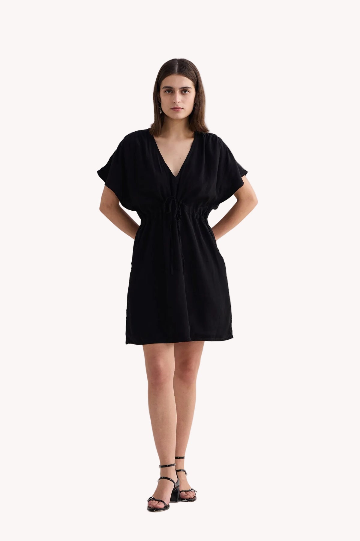 Oversized Gathered Crepe Dress – Black