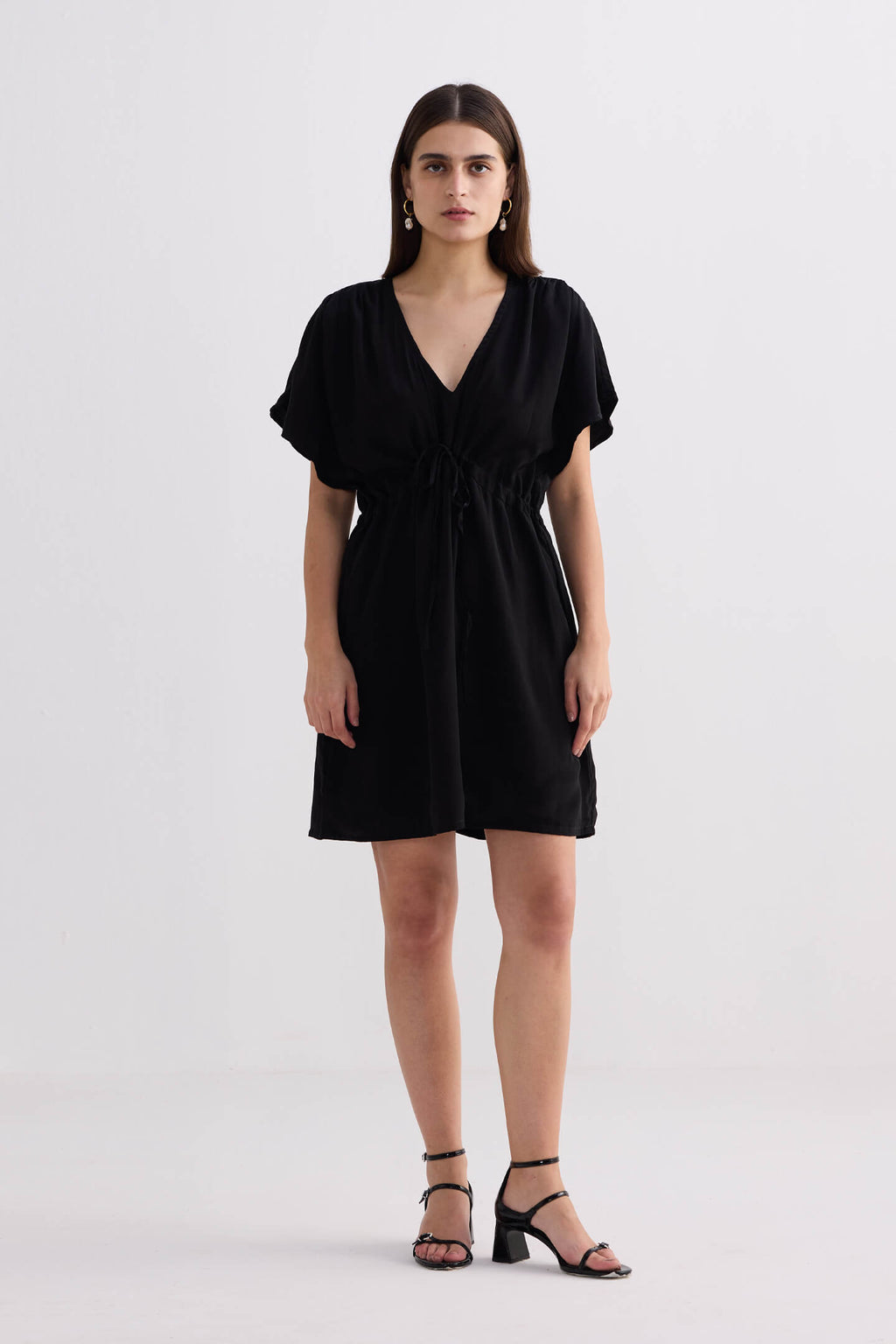Oversized Gathered Crepe Dress – Black