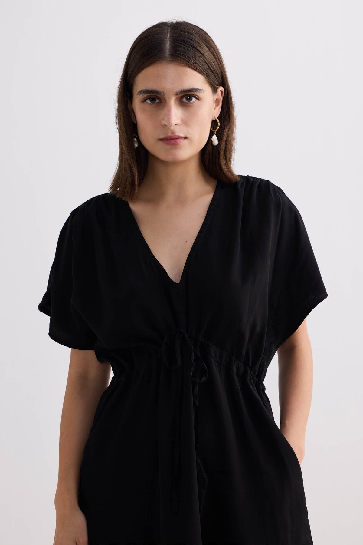 Oversized Gathered Crepe Dress – Black