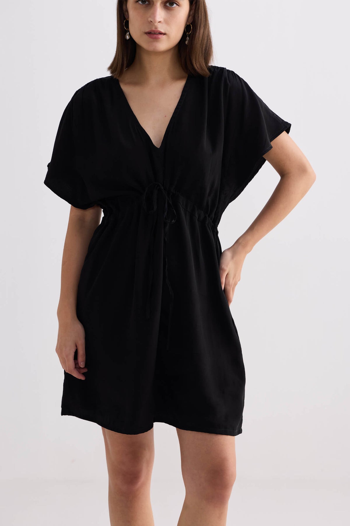 Oversized Gathered Crepe Dress – Black