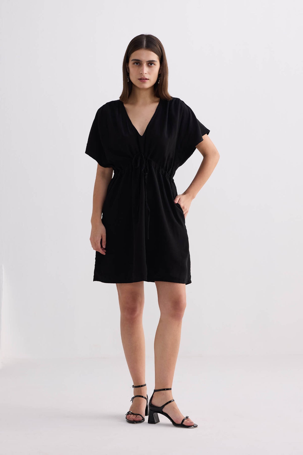 Oversized Gathered Crepe Dress – Black
