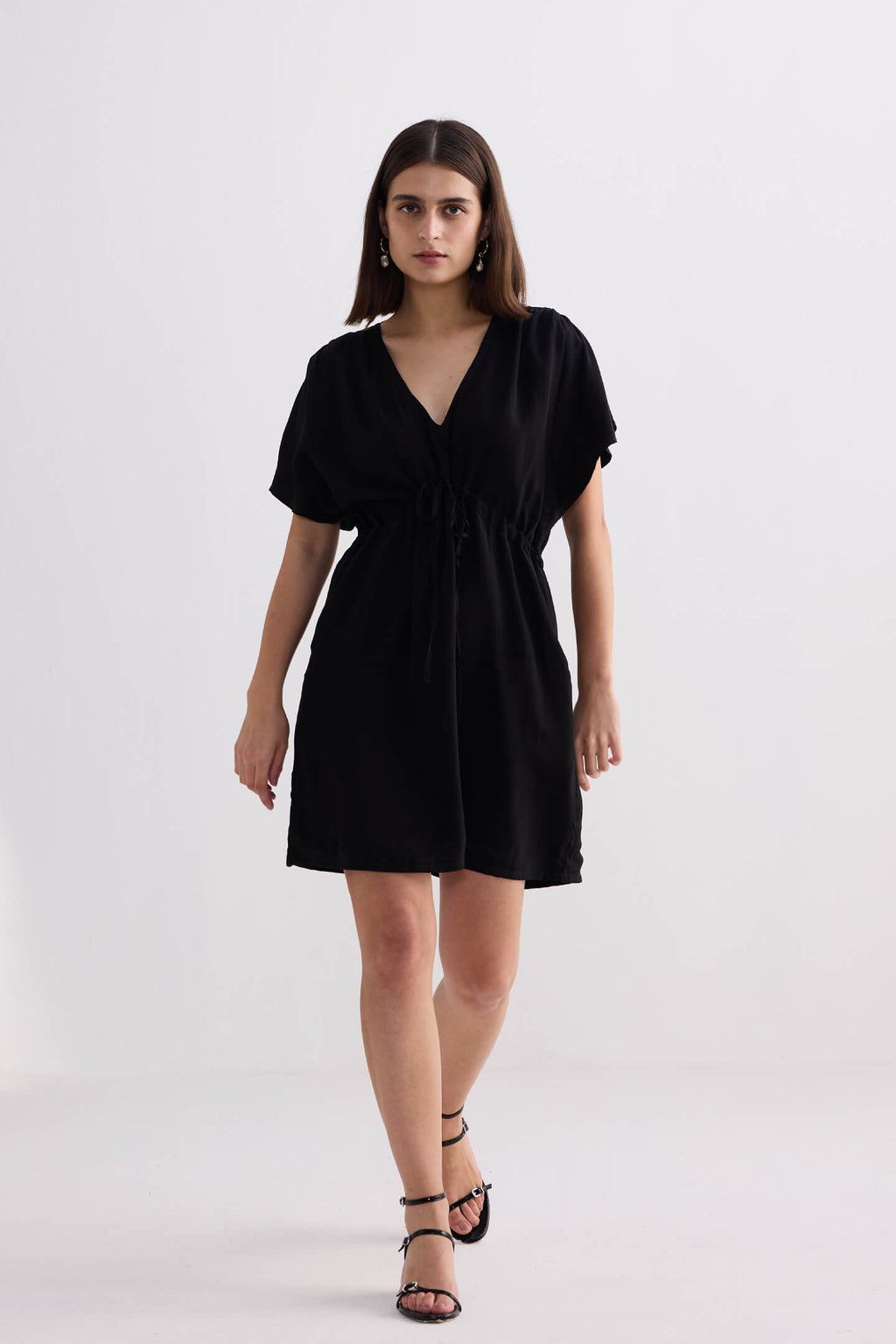 Oversized Gathered Crepe Dress – Black