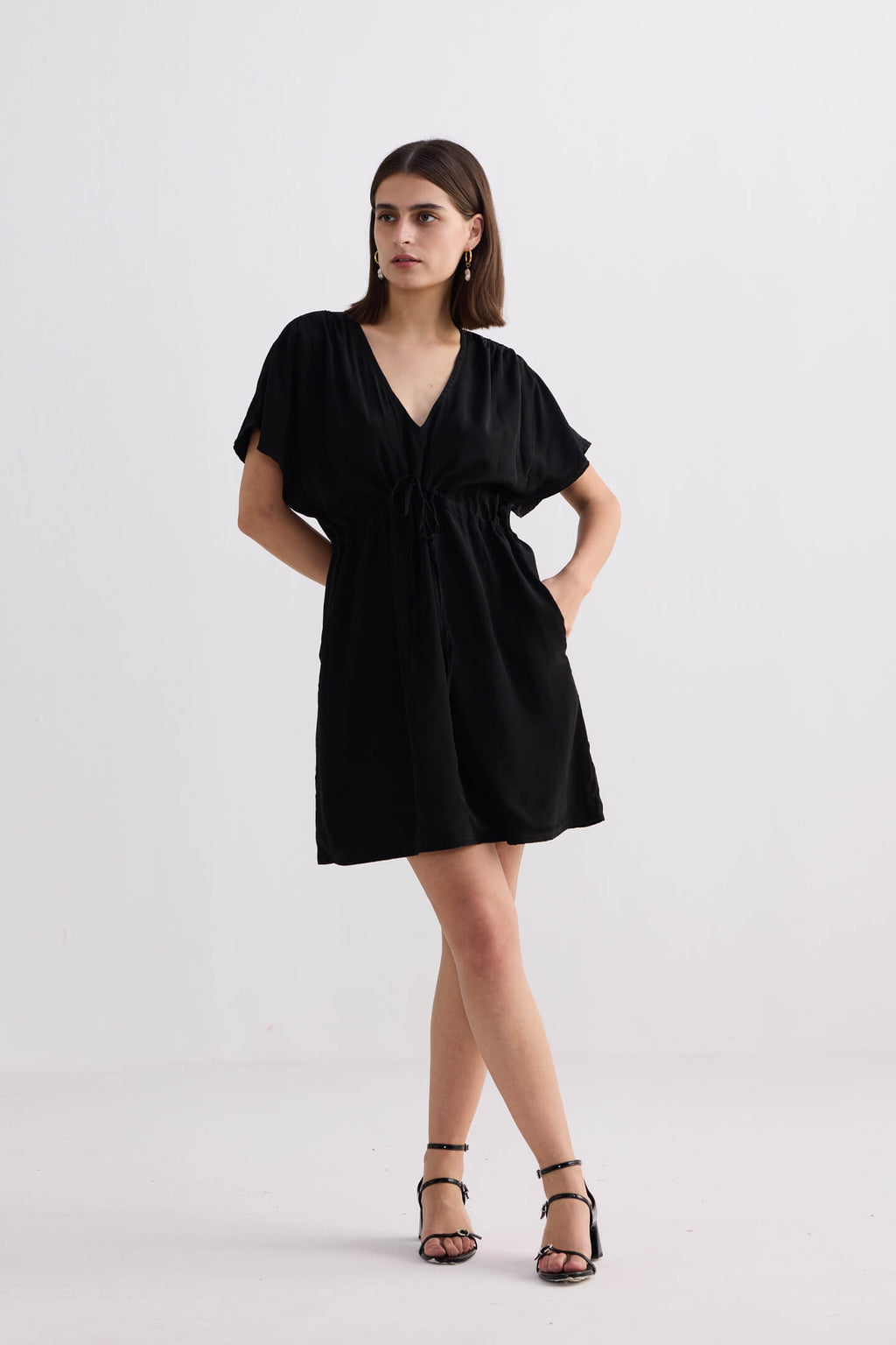 Oversized Gathered Crepe Dress – Black