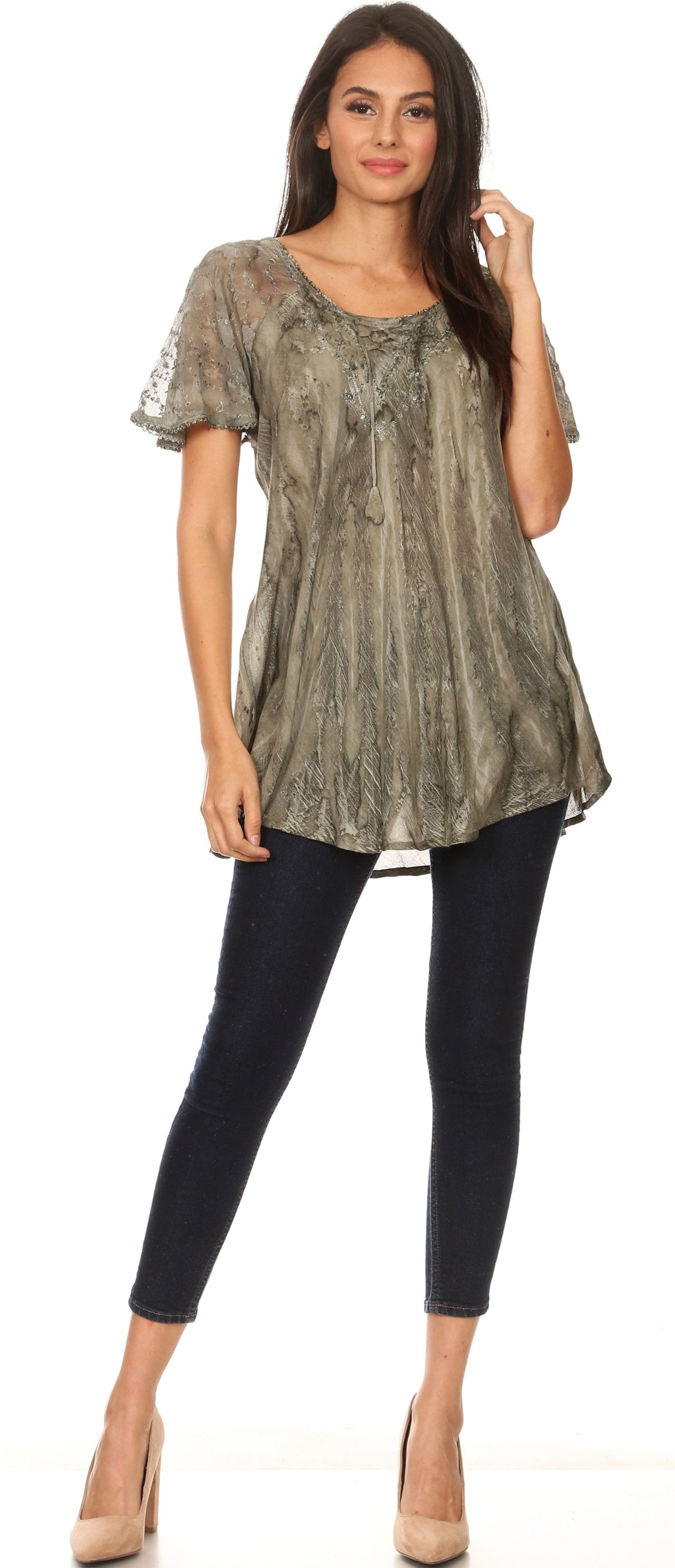 Aline Lace-Sleeve Scoop Neck Top