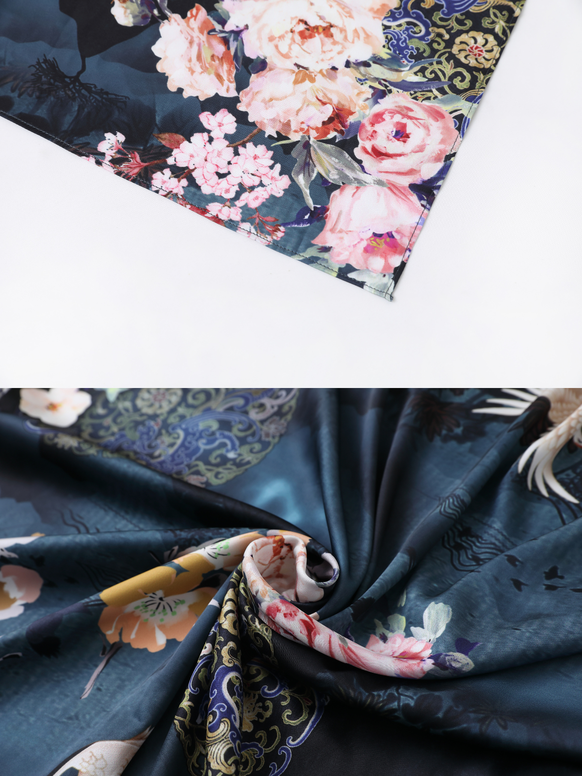 Crane & Blossom Print Short Kimono Robe