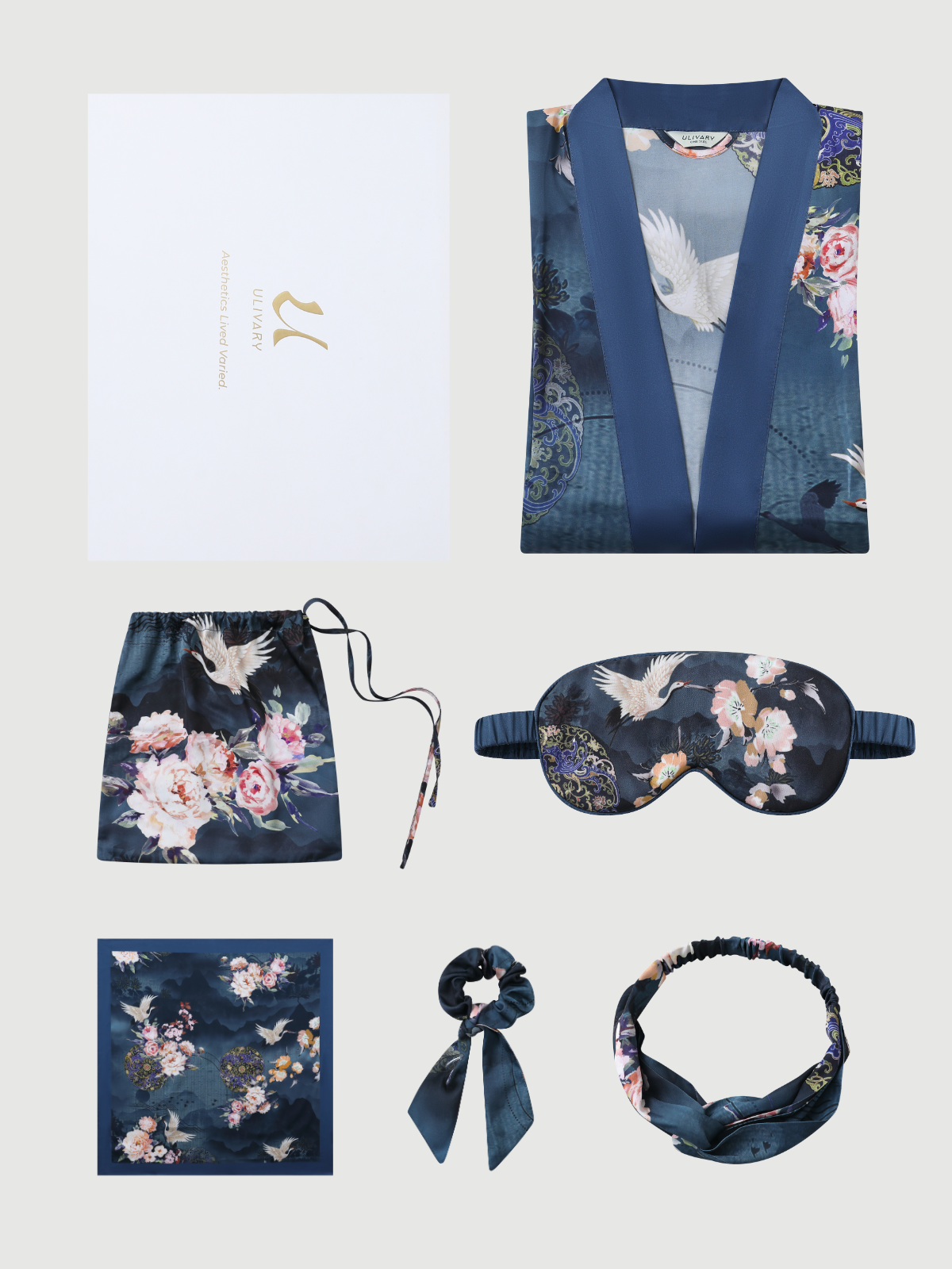 Crane & Blossom Print Short Kimono Robe