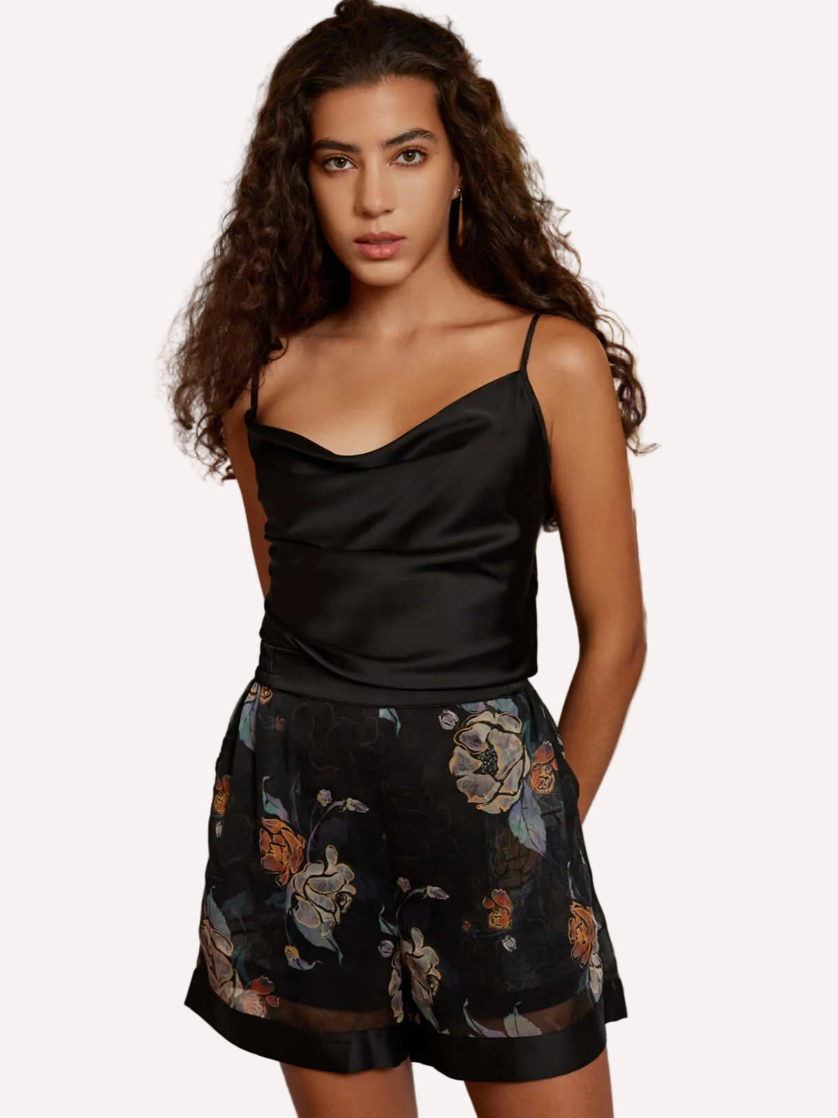 Floral Tulle Camisole & Shorts Pajama Set – Black