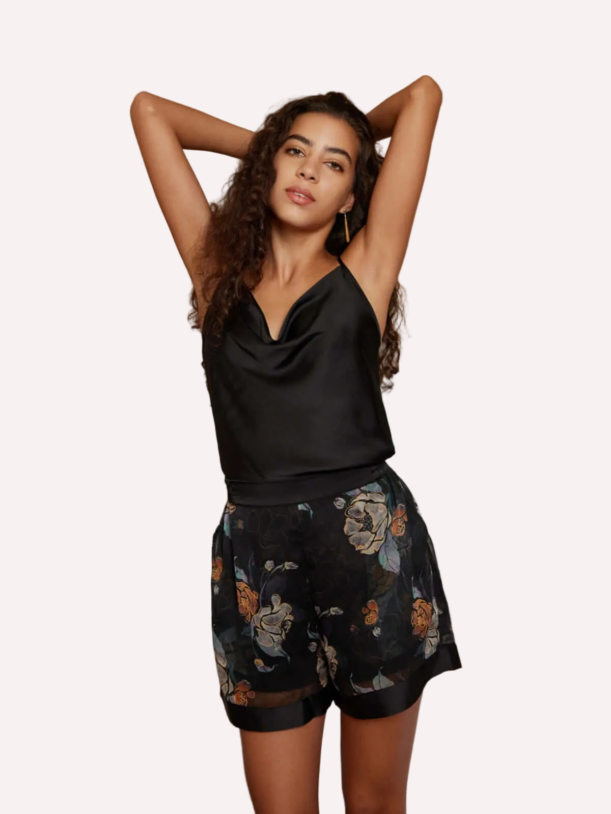 Floral Tulle Camisole & Shorts Pajama Set – Black